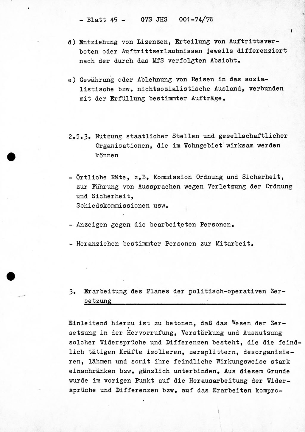 Diplomarbeit Hauptmann Joachim Tischendorf (HA ⅩⅩ), Ministerium für Staatssicherheit (MfS) der Deutschen Demokratischen Republik (DDR), Juristische Hochschule (JHS), Geheime Verschlußsache (GVS) 001-74/76, Potsdam 1976, Seite 45 (Dipl.-Arb. MfS DDR JHS GVS 001-74/76 1976, S. 45)