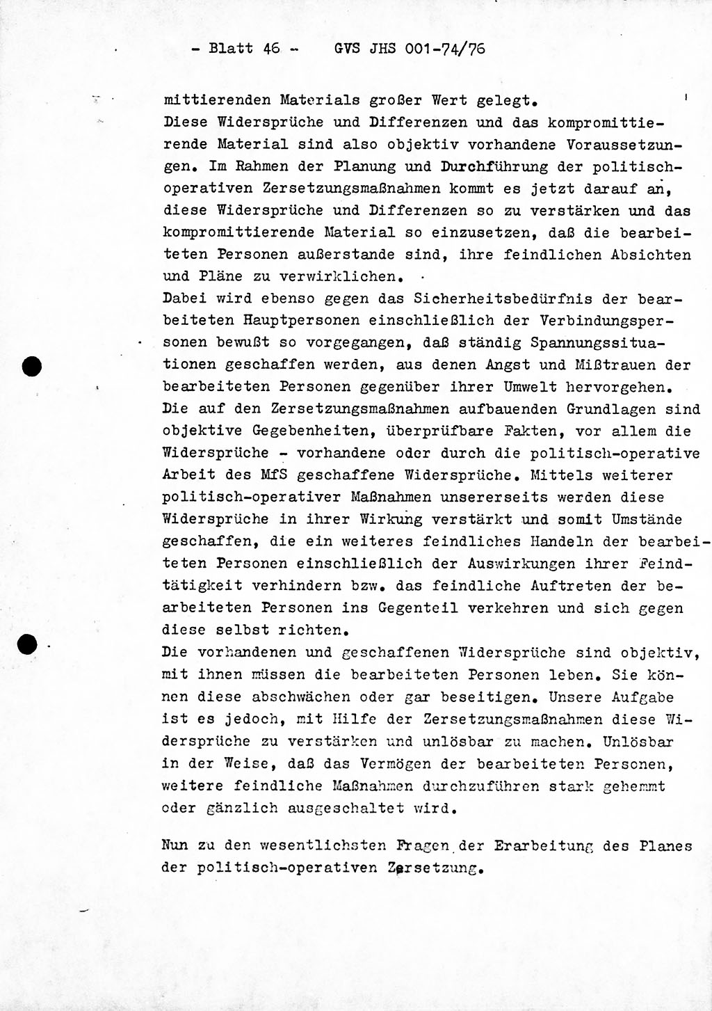 Diplomarbeit Hauptmann Joachim Tischendorf (HA ⅩⅩ), Ministerium für Staatssicherheit (MfS) der Deutschen Demokratischen Republik (DDR), Juristische Hochschule (JHS), Geheime Verschlußsache (GVS) 001-74/76, Potsdam 1976, Seite 46 (Dipl.-Arb. MfS DDR JHS GVS 001-74/76 1976, S. 46)