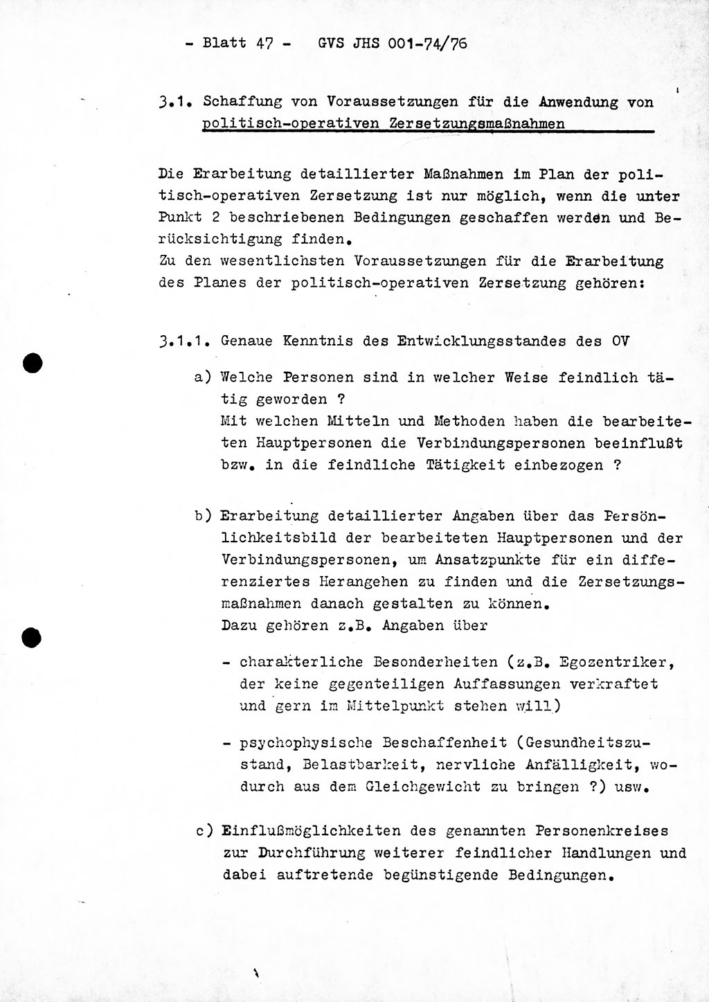 Diplomarbeit Hauptmann Joachim Tischendorf (HA ⅩⅩ), Ministerium für Staatssicherheit (MfS) der Deutschen Demokratischen Republik (DDR), Juristische Hochschule (JHS), Geheime Verschlußsache (GVS) 001-74/76, Potsdam 1976, Seite 47 (Dipl.-Arb. MfS DDR JHS GVS 001-74/76 1976, S. 47)