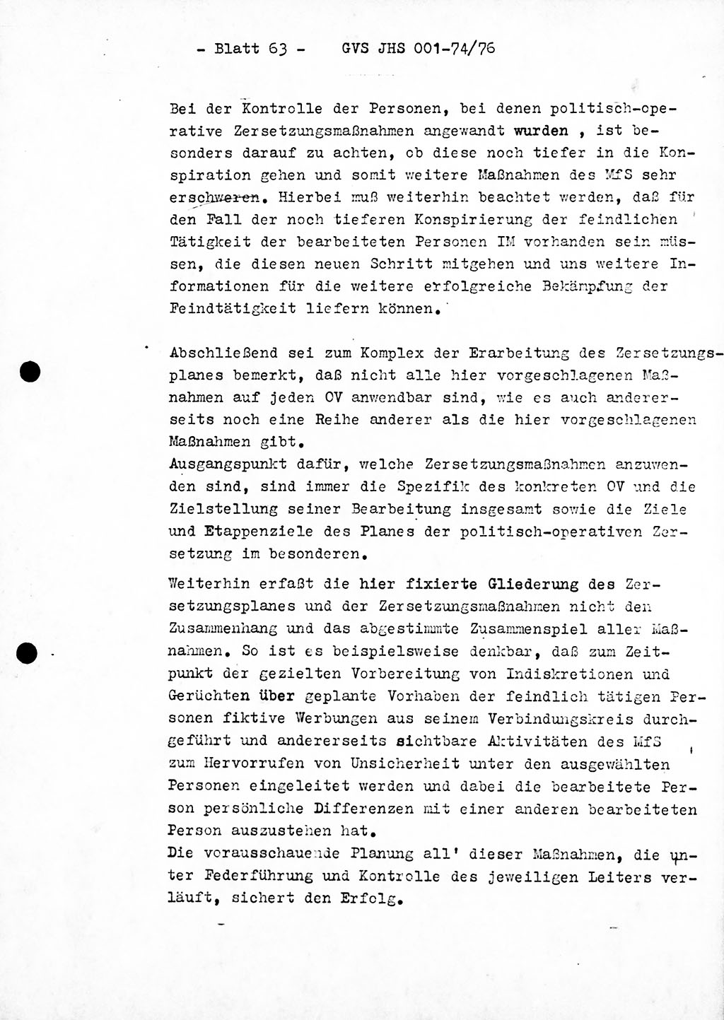 Diplomarbeit Hauptmann Joachim Tischendorf (HA ⅩⅩ), Ministerium für Staatssicherheit (MfS) der Deutschen Demokratischen Republik (DDR), Juristische Hochschule (JHS), Geheime Verschlußsache (GVS) 001-74/76, Potsdam 1976, Seite 63 (Dipl.-Arb. MfS DDR JHS GVS 001-74/76 1976, S. 63)