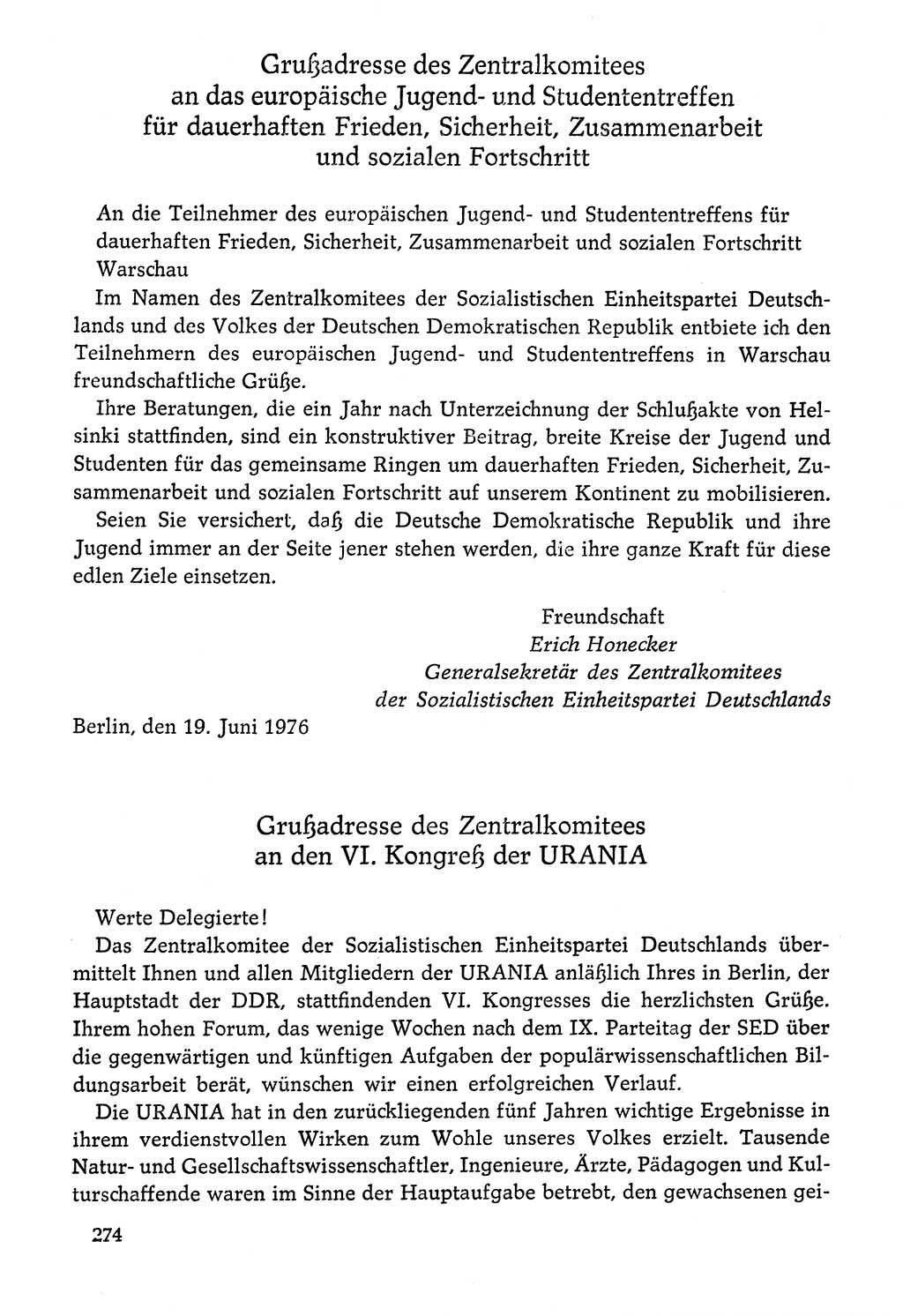 Dokumente der Sozialistischen Einheitspartei Deutschlands (SED) [Deutsche Demokratische Republik (DDR)] 1976-1977, Seite 274 (Dok. SED DDR 1976-1977, S. 274)