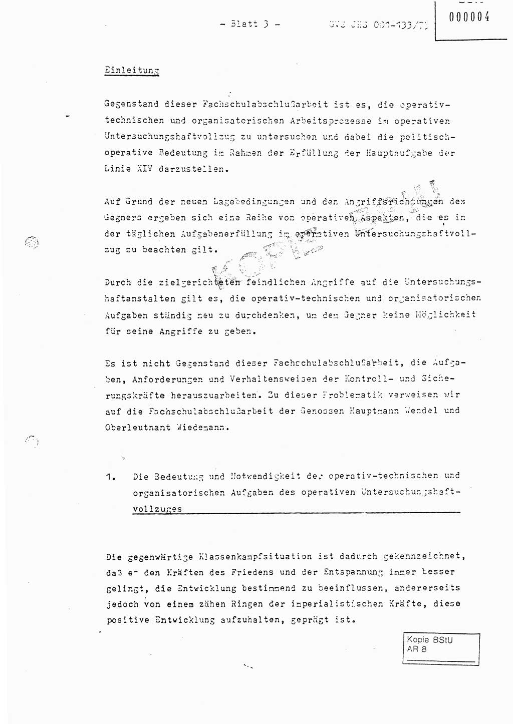Fachschulabschlußarbeit Major Werner Braun (Abt. ⅩⅣ), Hauptmann Klaus Zeiß (Abt. ⅩⅣ), Ministerium für Staatssicherheit (MfS) [Deutsche Demokratische Republik (DDR)], Juristische Hochschule (JHS), Geheime Verschlußsache (GVS) 001-133/75, Potsdam 1976, Blatt 3 (FS-Abschl.-Arb. MfS DDR JHS GVS 001-133/75 1976, Bl. 3)