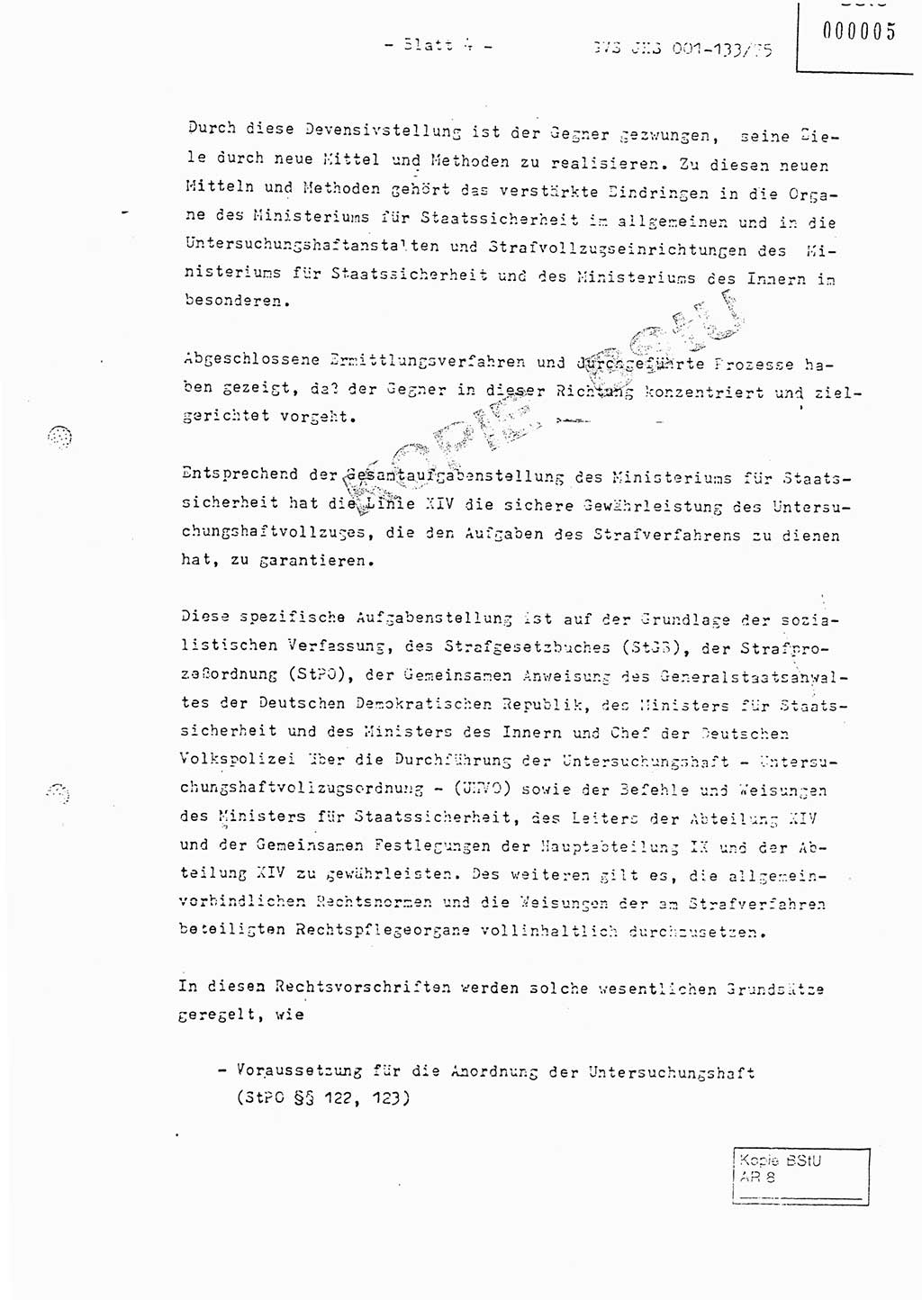 Fachschulabschlußarbeit Major Werner Braun (Abt. ⅩⅣ), Hauptmann Klaus Zeiß (Abt. ⅩⅣ), Ministerium für Staatssicherheit (MfS) [Deutsche Demokratische Republik (DDR)], Juristische Hochschule (JHS), Geheime Verschlußsache (GVS) 001-133/75, Potsdam 1976, Blatt 4 (FS-Abschl.-Arb. MfS DDR JHS GVS 001-133/75 1976, Bl. 4)