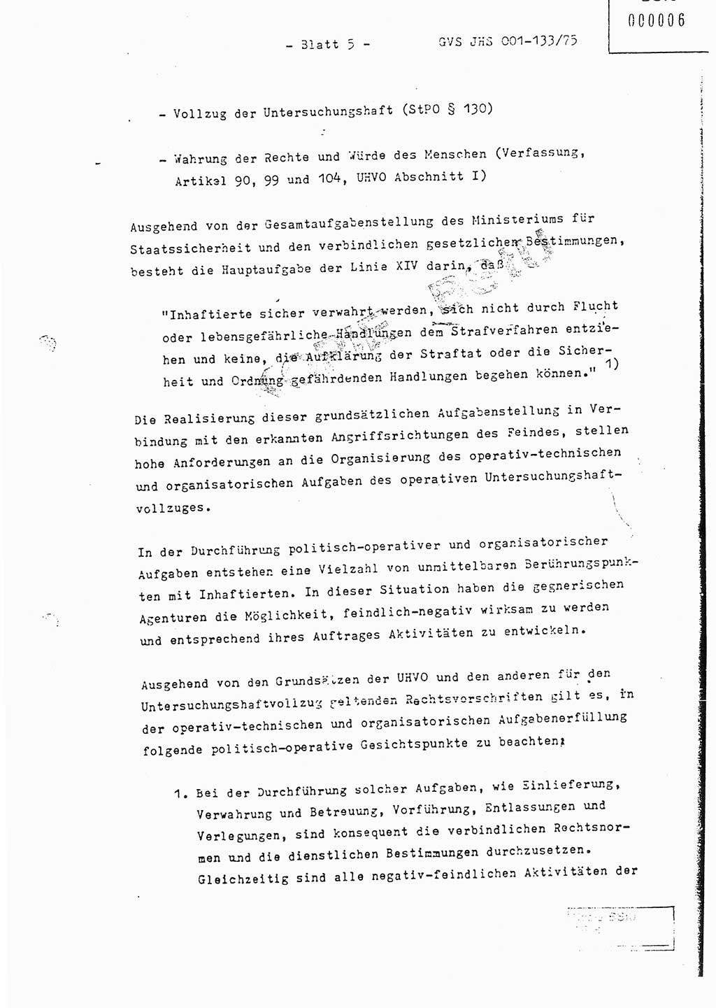 Fachschulabschlußarbeit Major Werner Braun (Abt. ⅩⅣ), Hauptmann Klaus Zeiß (Abt. ⅩⅣ), Ministerium für Staatssicherheit (MfS) [Deutsche Demokratische Republik (DDR)], Juristische Hochschule (JHS), Geheime Verschlußsache (GVS) 001-133/75, Potsdam 1976, Blatt 5 (FS-Abschl.-Arb. MfS DDR JHS GVS 001-133/75 1976, Bl. 5)