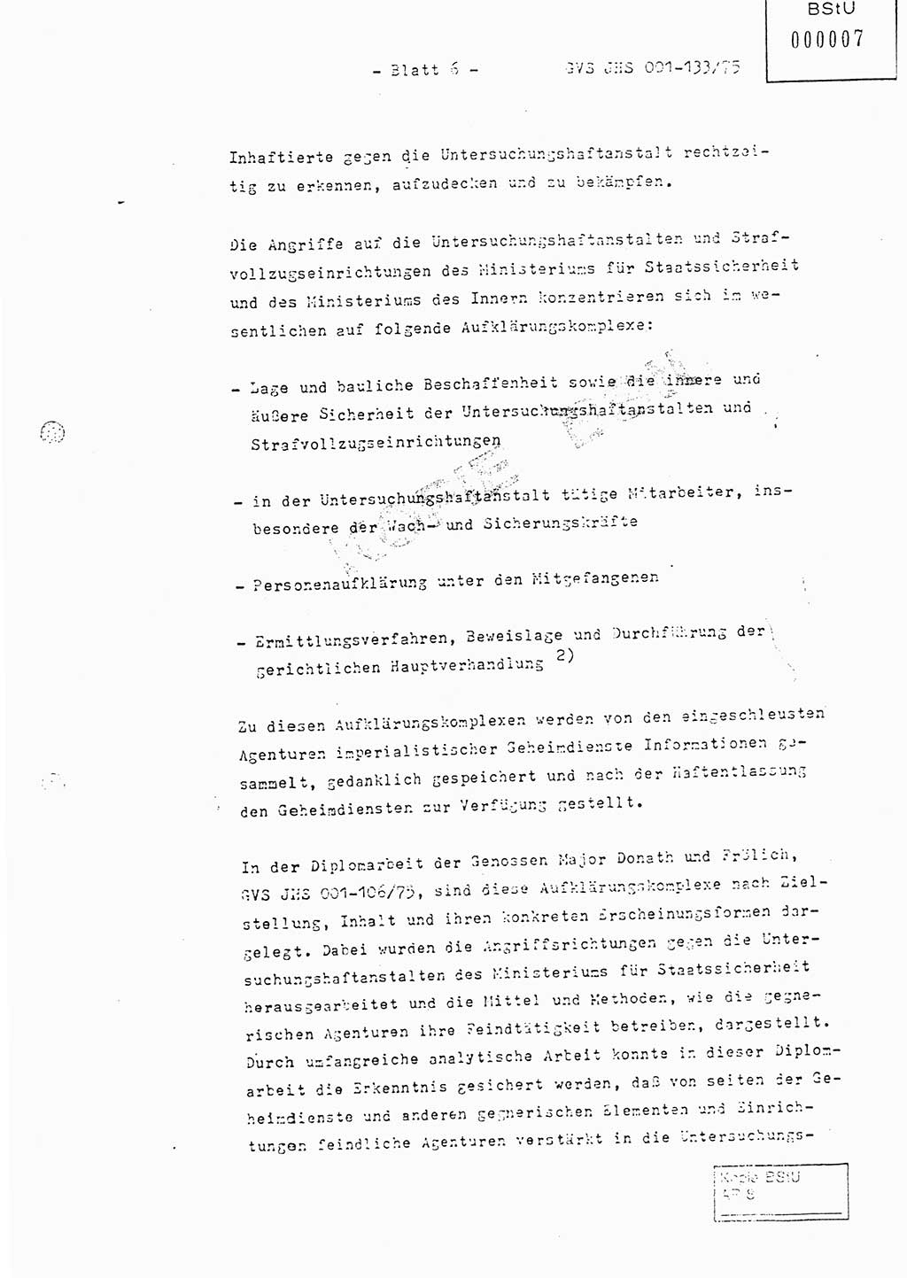 Fachschulabschlußarbeit Major Werner Braun (Abt. ⅩⅣ), Hauptmann Klaus Zeiß (Abt. ⅩⅣ), Ministerium für Staatssicherheit (MfS) [Deutsche Demokratische Republik (DDR)], Juristische Hochschule (JHS), Geheime Verschlußsache (GVS) 001-133/75, Potsdam 1976, Blatt 6 (FS-Abschl.-Arb. MfS DDR JHS GVS 001-133/75 1976, Bl. 6)