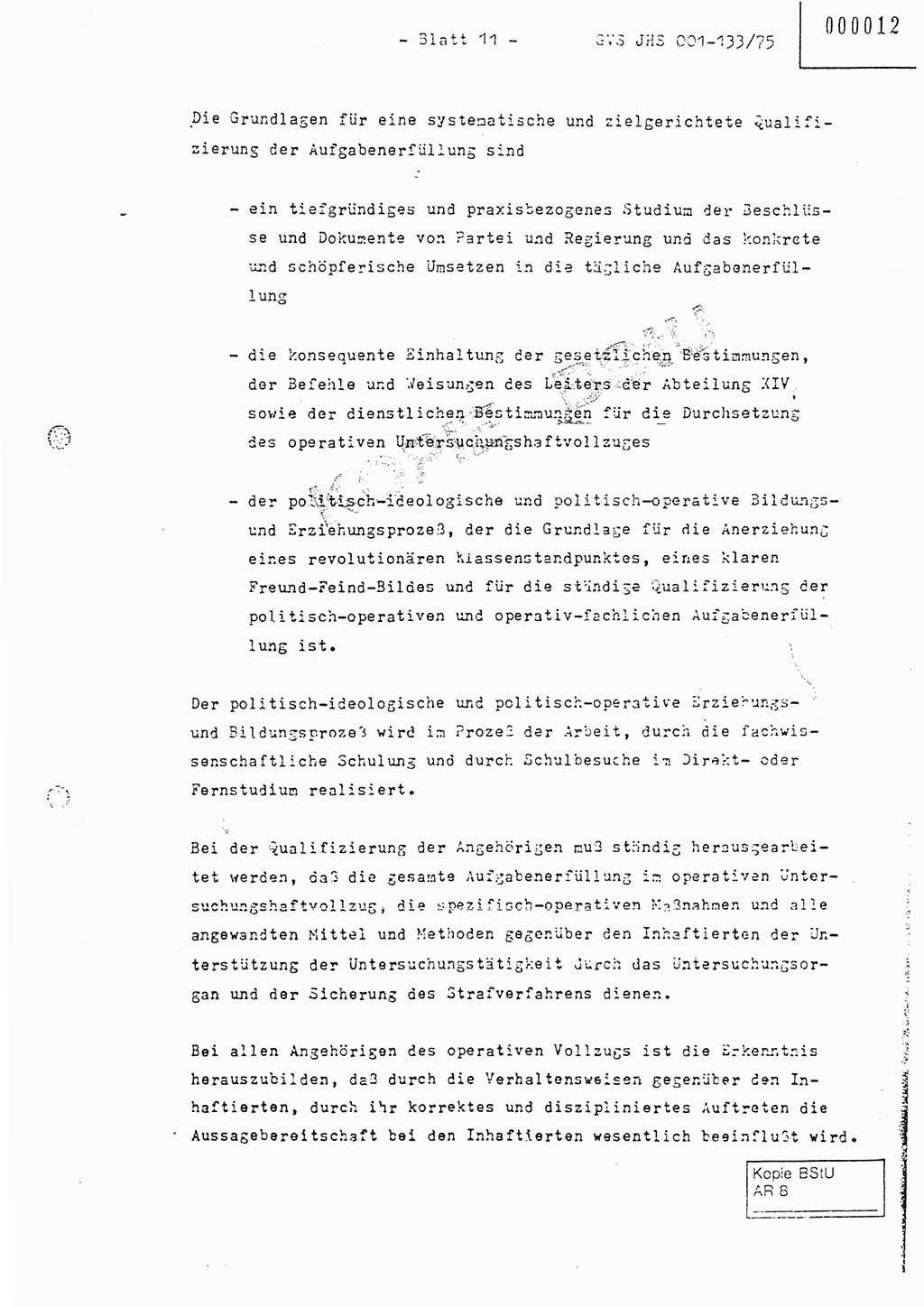 Fachschulabschlußarbeit Major Werner Braun (Abt. ⅩⅣ), Hauptmann Klaus Zeiß (Abt. ⅩⅣ), Ministerium für Staatssicherheit (MfS) [Deutsche Demokratische Republik (DDR)], Juristische Hochschule (JHS), Geheime Verschlußsache (GVS) 001-133/75, Potsdam 1976, Blatt 11 (FS-Abschl.-Arb. MfS DDR JHS GVS 001-133/75 1976, Bl. 11)