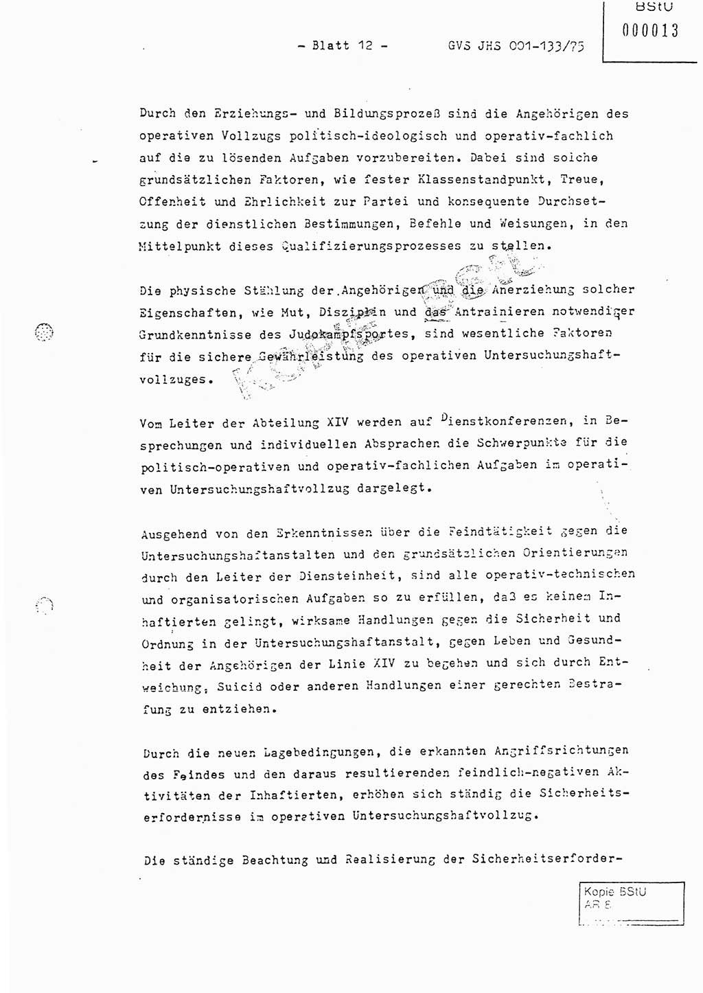 Fachschulabschlußarbeit Major Werner Braun (Abt. ⅩⅣ), Hauptmann Klaus Zeiß (Abt. ⅩⅣ), Ministerium für Staatssicherheit (MfS) [Deutsche Demokratische Republik (DDR)], Juristische Hochschule (JHS), Geheime Verschlußsache (GVS) 001-133/75, Potsdam 1976, Blatt 12 (FS-Abschl.-Arb. MfS DDR JHS GVS 001-133/75 1976, Bl. 12)