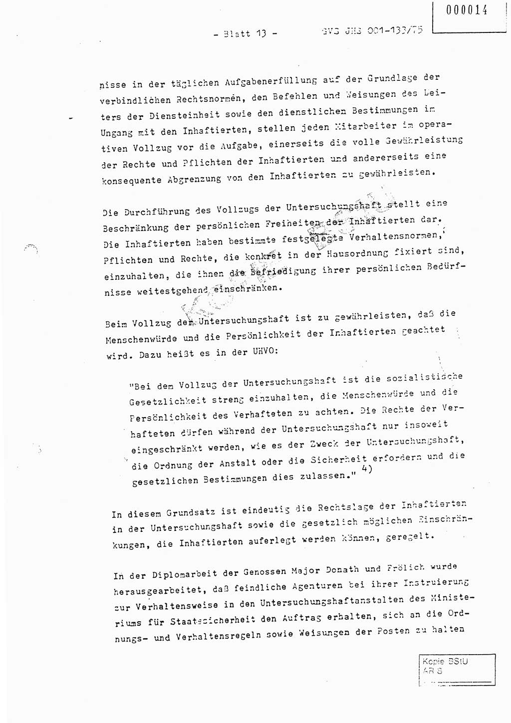 Fachschulabschlußarbeit Major Werner Braun (Abt. ⅩⅣ), Hauptmann Klaus Zeiß (Abt. ⅩⅣ), Ministerium für Staatssicherheit (MfS) [Deutsche Demokratische Republik (DDR)], Juristische Hochschule (JHS), Geheime Verschlußsache (GVS) 001-133/75, Potsdam 1976, Blatt 13 (FS-Abschl.-Arb. MfS DDR JHS GVS 001-133/75 1976, Bl. 13)