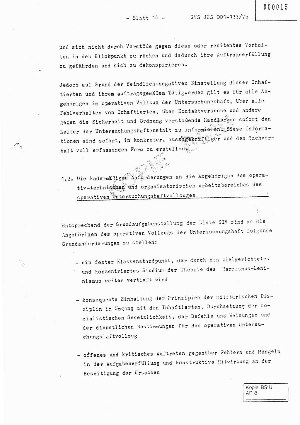Fachschulabschlußarbeit Major Werner Braun (Abt. ⅩⅣ), Hauptmann Klaus Zeiß (Abt. ⅩⅣ), Ministerium für Staatssicherheit (MfS) [Deutsche Demokratische Republik (DDR)], Juristische Hochschule (JHS), Geheime Verschlußsache (GVS) 001-133/75, Potsdam 1976, Blatt 14 (FS-Abschl.-Arb. MfS DDR JHS GVS 001-133/75 1976, Bl. 14)