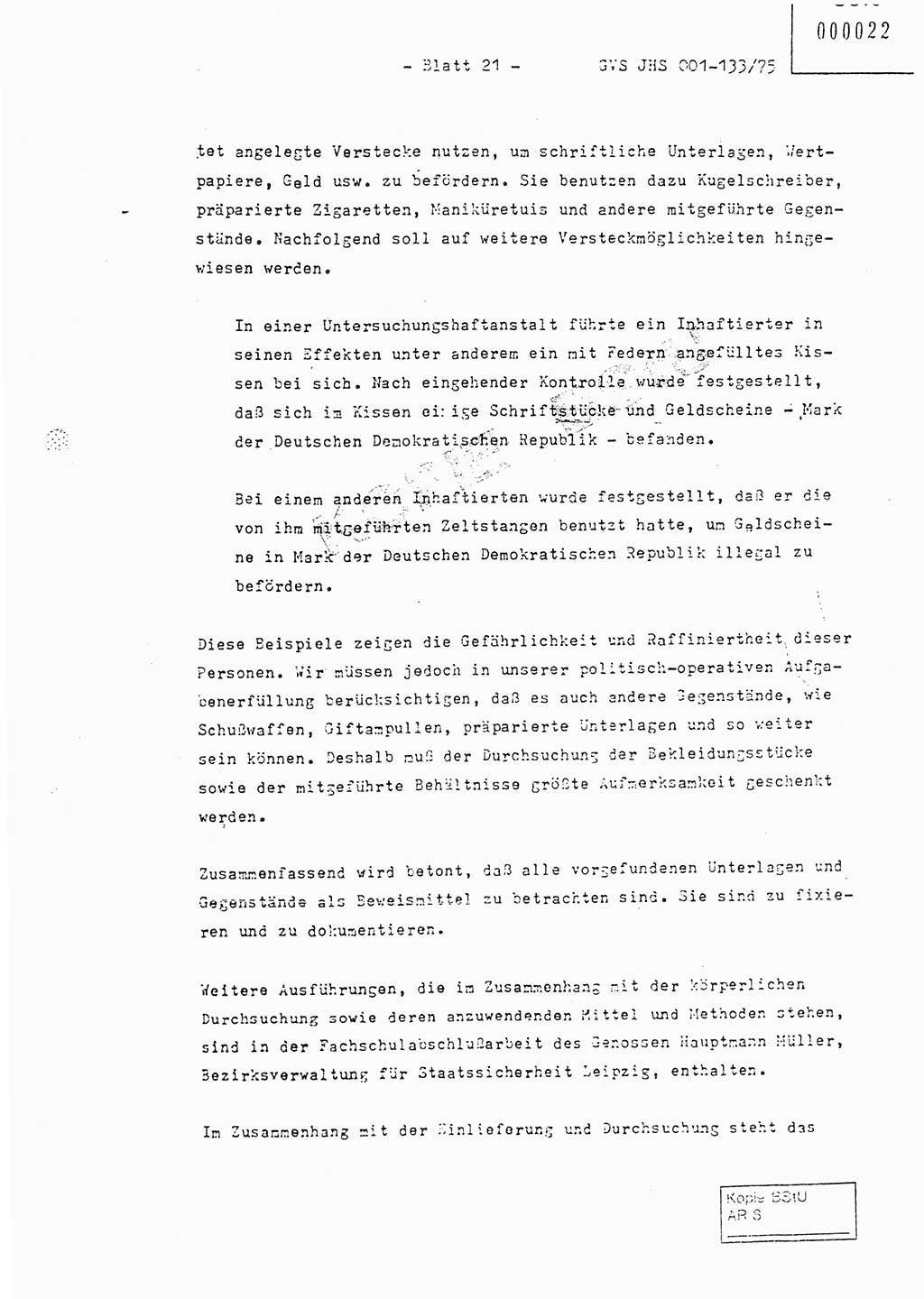 Fachschulabschlußarbeit Major Werner Braun (Abt. ⅩⅣ), Hauptmann Klaus Zeiß (Abt. ⅩⅣ), Ministerium für Staatssicherheit (MfS) [Deutsche Demokratische Republik (DDR)], Juristische Hochschule (JHS), Geheime Verschlußsache (GVS) 001-133/75, Potsdam 1976, Blatt 21 (FS-Abschl.-Arb. MfS DDR JHS GVS 001-133/75 1976, Bl. 21)