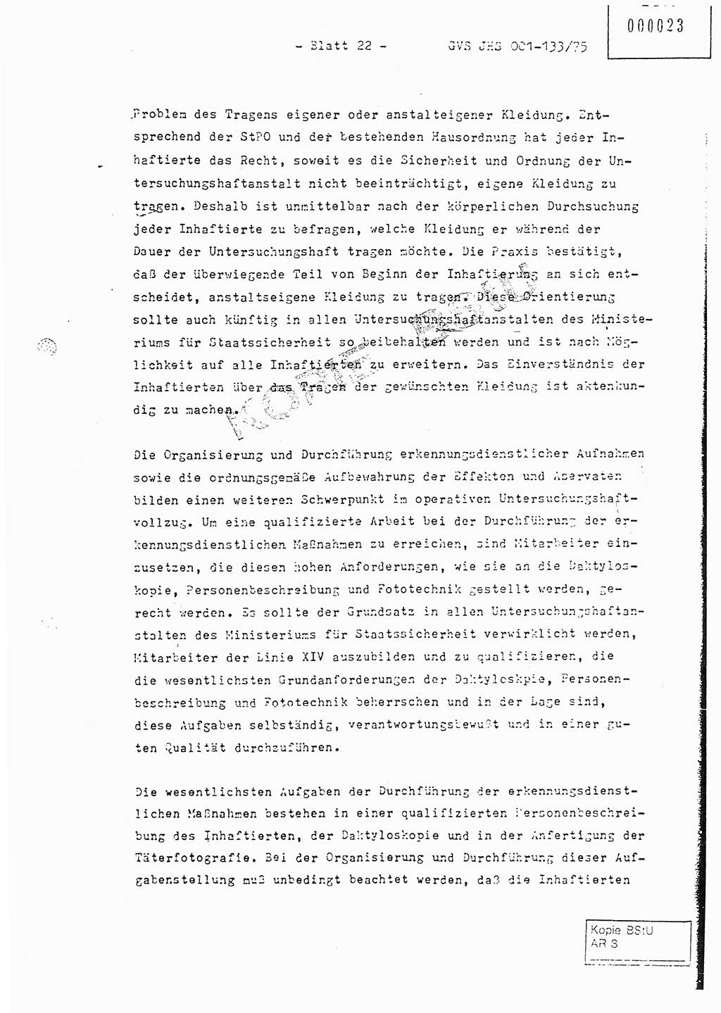 Fachschulabschlußarbeit Major Werner Braun (Abt. ⅩⅣ), Hauptmann Klaus Zeiß (Abt. ⅩⅣ), Ministerium für Staatssicherheit (MfS) [Deutsche Demokratische Republik (DDR)], Juristische Hochschule (JHS), Geheime Verschlußsache (GVS) 001-133/75, Potsdam 1976, Blatt 22 (FS-Abschl.-Arb. MfS DDR JHS GVS 001-133/75 1976, Bl. 22)