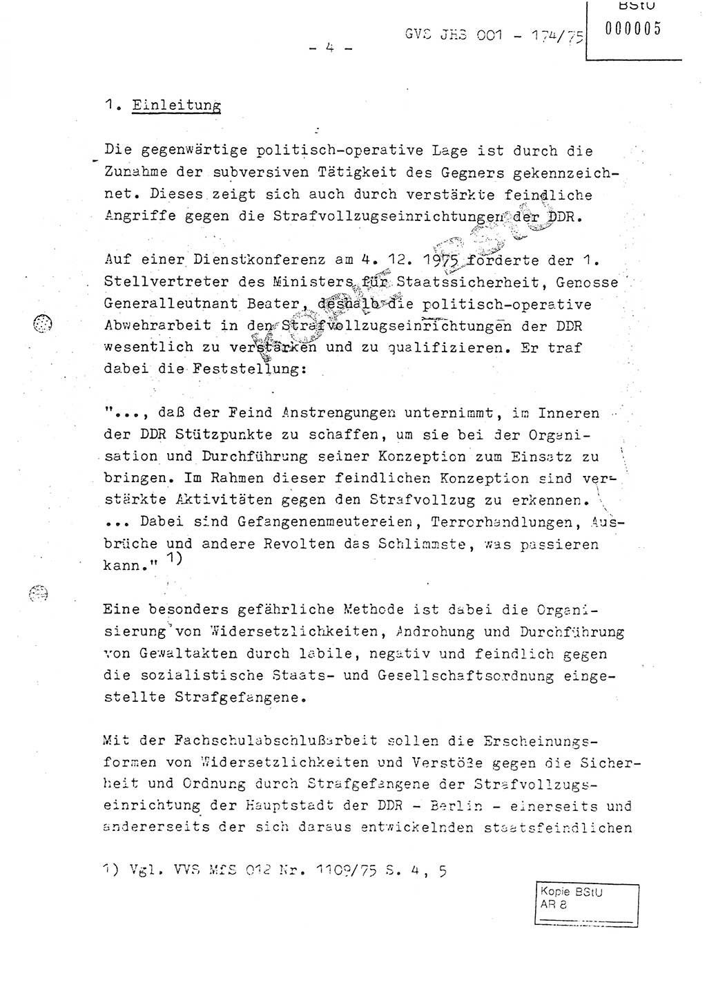 FachschulabschluÃŸarbeit Oberleutnant Adolf Cichon (Abt. â…¦), Ministerium fÃ¼r Staatssicherheit (MfS) [Deutsche Demokratische Republik (DDR)], Juristische Hochschule (JHS), Geheime VerschluÃŸsache (GVS) 001-174/75, Potsdam 1976, Seite 4 (FS-Abschl.-Arb. MfS DDR JHS GVS 001-174/75 1976, S. 4)
