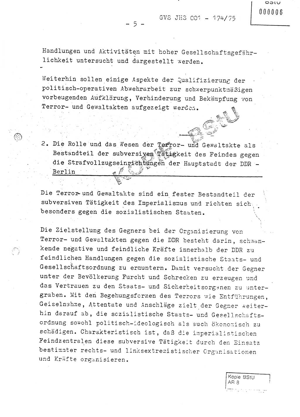 Fachschulabschlußarbeit Oberleutnant Adolf Cichon (Abt. Ⅶ), Ministerium für Staatssicherheit (MfS) [Deutsche Demokratische Republik (DDR)], Juristische Hochschule (JHS), Geheime Verschlußsache (GVS) 001-174/75, Potsdam 1976, Seite 5 (FS-Abschl.-Arb. MfS DDR JHS GVS 001-174/75 1976, S. 5)