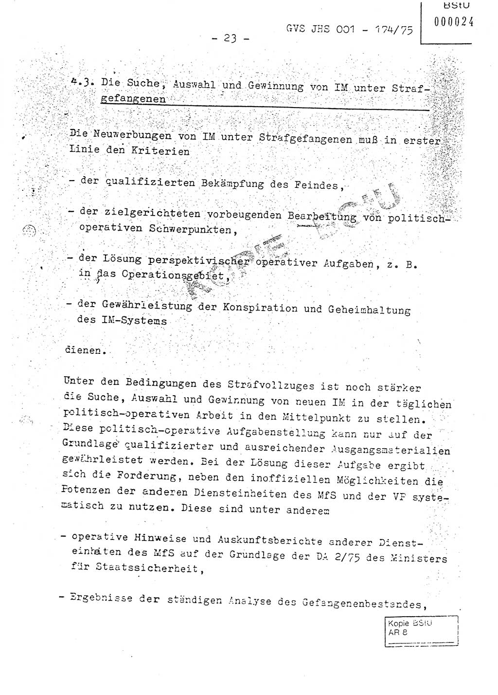 Fachschulabschlußarbeit Oberleutnant Adolf Cichon (Abt. Ⅶ), Ministerium für Staatssicherheit (MfS) [Deutsche Demokratische Republik (DDR)], Juristische Hochschule (JHS), Geheime Verschlußsache (GVS) 001-174/75, Potsdam 1976, Seite 23 (FS-Abschl.-Arb. MfS DDR JHS GVS 001-174/75 1976, S. 23)