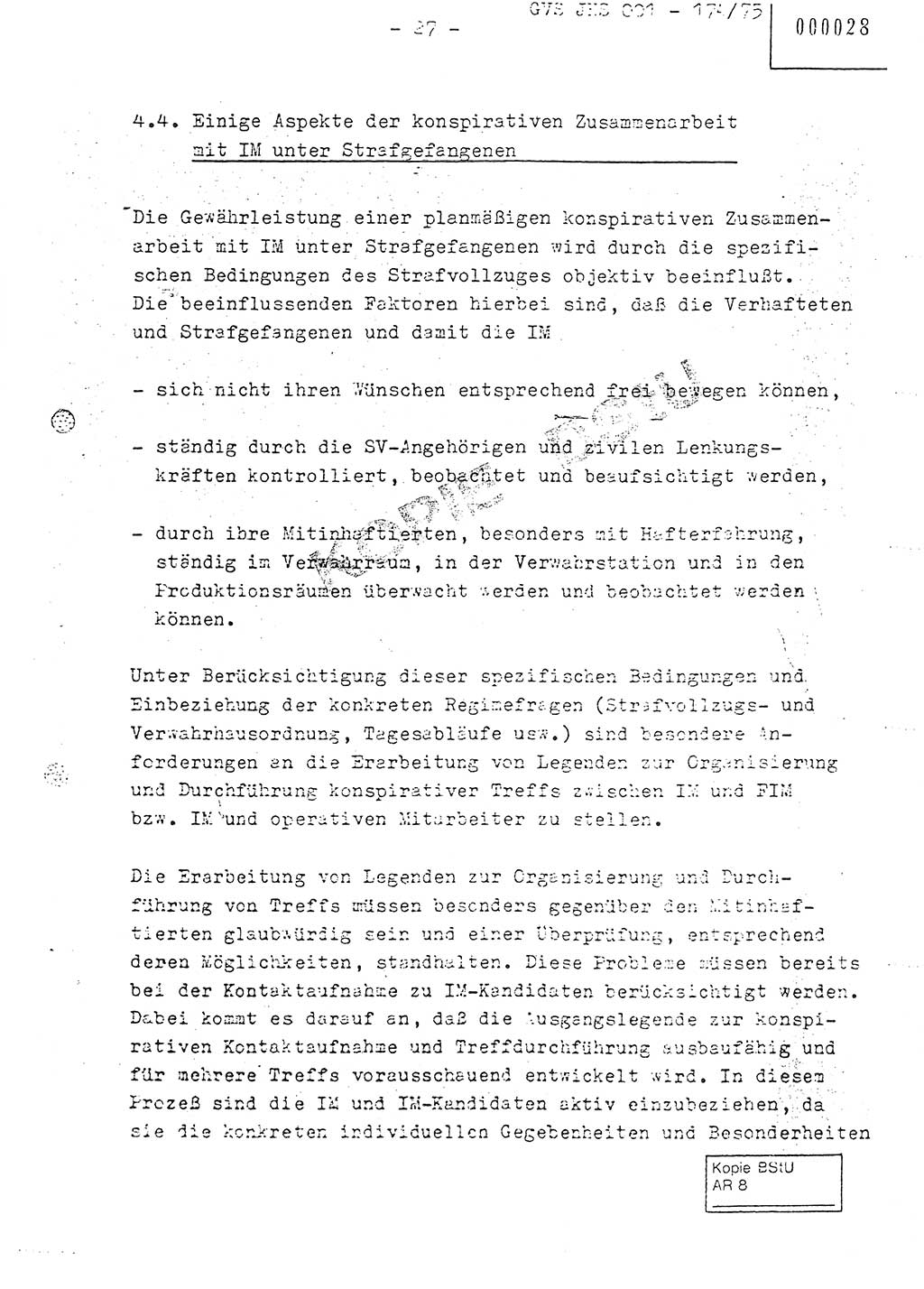 Fachschulabschlußarbeit Oberleutnant Adolf Cichon (Abt. Ⅶ), Ministerium für Staatssicherheit (MfS) [Deutsche Demokratische Republik (DDR)], Juristische Hochschule (JHS), Geheime Verschlußsache (GVS) 001-174/75, Potsdam 1976, Seite 27 (FS-Abschl.-Arb. MfS DDR JHS GVS 001-174/75 1976, S. 27)