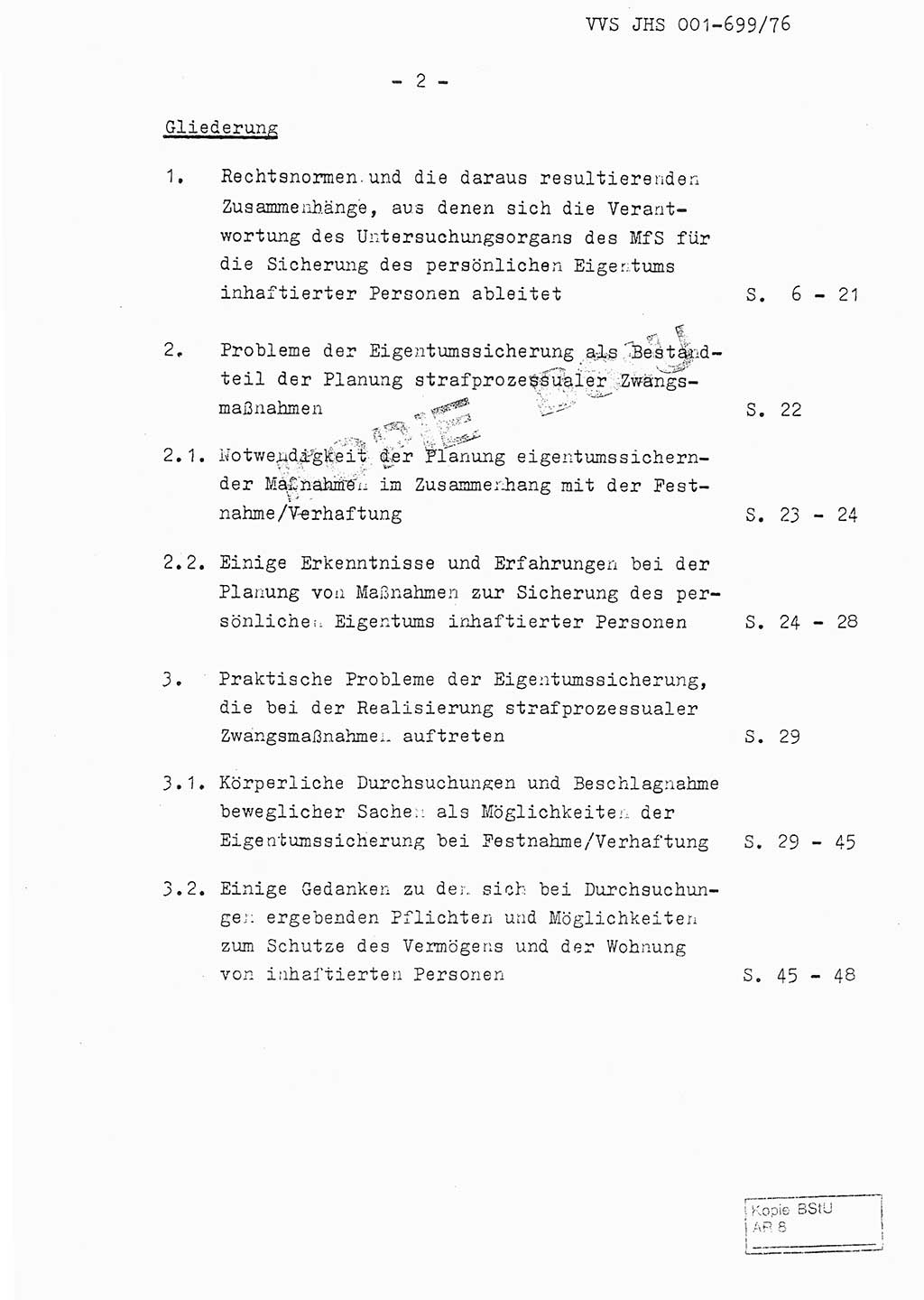 Fachschulabschlußarbeit Leutnant Volkmar Taubert (HA Ⅸ/9), Leutnant Axel Naumann (HA Ⅸ/9), Unterleutnat Detlef Debski (HA Ⅸ/9), Ministerium für Staatssicherheit (MfS) [Deutsche Demokratische Republik (DDR)], Juristische Hochschule (JHS), Vertrauliche Verschlußsache (VVS) 001-699/76, Potsdam 1976, Seite 2 (FS-Abschl.-Arb. MfS DDR JHS VVS 001-699/76 1976, S. 2)