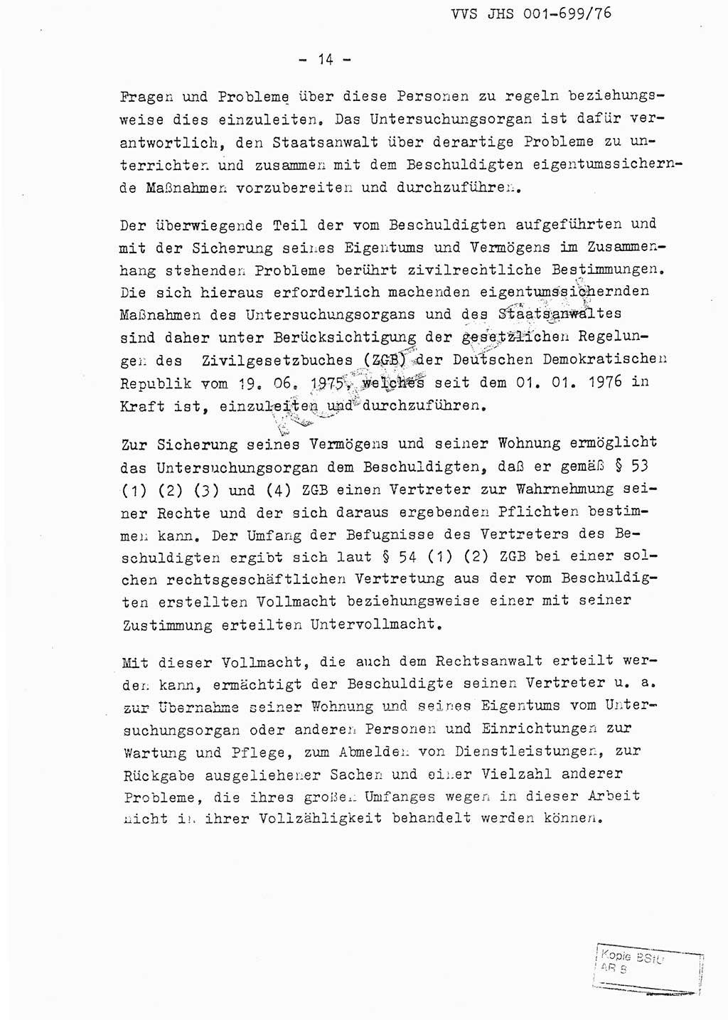 Fachschulabschlußarbeit Leutnant Volkmar Taubert (HA Ⅸ/9), Leutnant Axel Naumann (HA Ⅸ/9), Unterleutnat Detlef Debski (HA Ⅸ/9), Ministerium für Staatssicherheit (MfS) [Deutsche Demokratische Republik (DDR)], Juristische Hochschule (JHS), Vertrauliche Verschlußsache (VVS) 001-699/76, Potsdam 1976, Seite 14 (FS-Abschl.-Arb. MfS DDR JHS VVS 001-699/76 1976, S. 14)