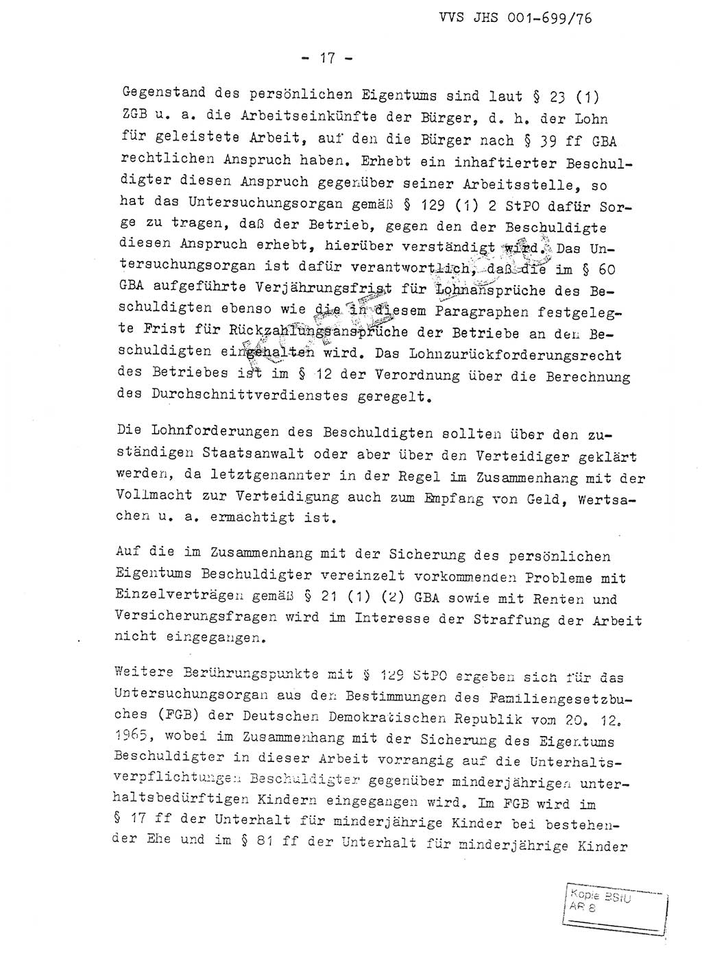 Fachschulabschlußarbeit Leutnant Volkmar Taubert (HA Ⅸ/9), Leutnant Axel Naumann (HA Ⅸ/9), Unterleutnat Detlef Debski (HA Ⅸ/9), Ministerium für Staatssicherheit (MfS) [Deutsche Demokratische Republik (DDR)], Juristische Hochschule (JHS), Vertrauliche Verschlußsache (VVS) 001-699/76, Potsdam 1976, Seite 17 (FS-Abschl.-Arb. MfS DDR JHS VVS 001-699/76 1976, S. 17)