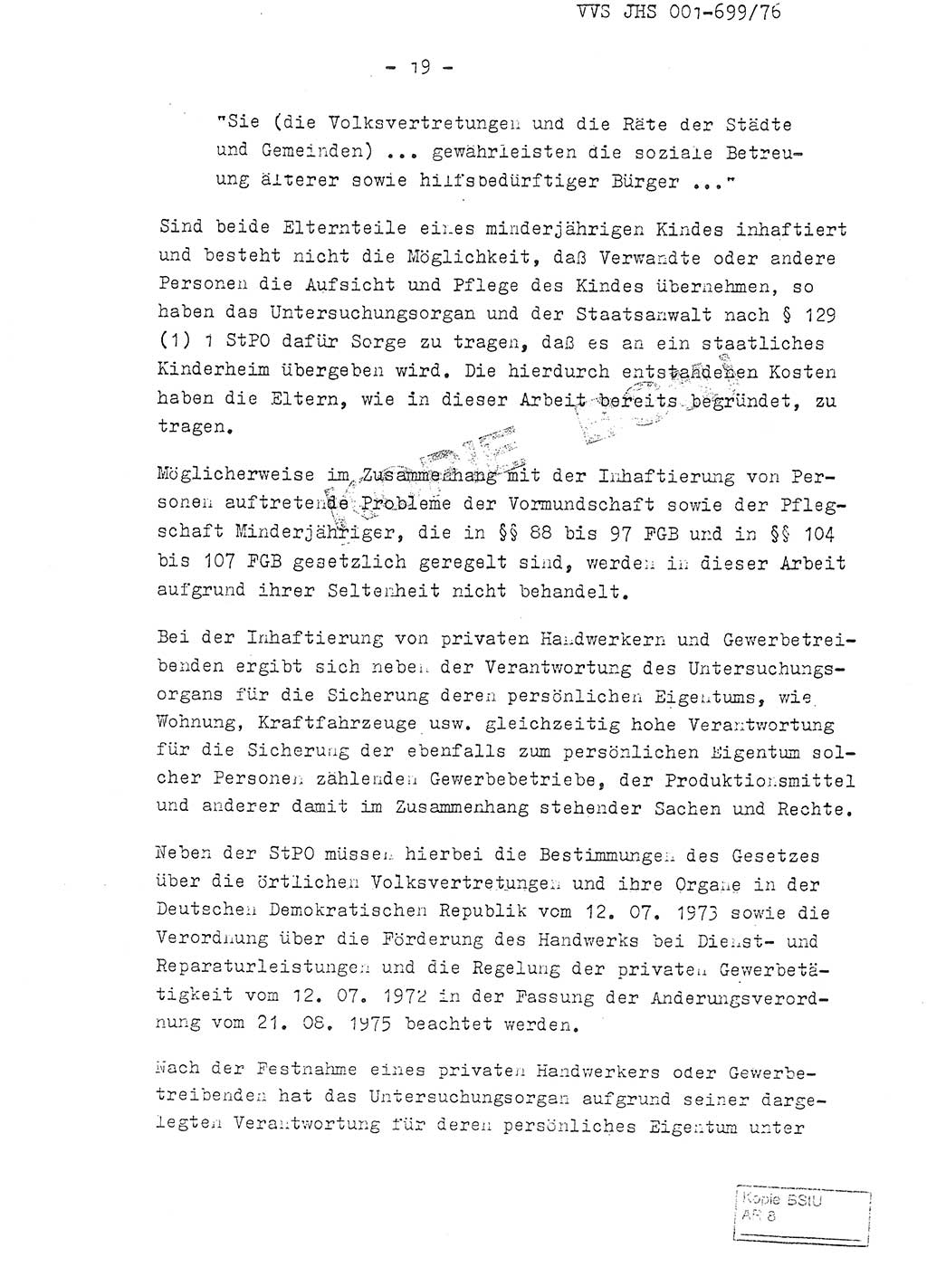 Fachschulabschlußarbeit Leutnant Volkmar Taubert (HA Ⅸ/9), Leutnant Axel Naumann (HA Ⅸ/9), Unterleutnat Detlef Debski (HA Ⅸ/9), Ministerium für Staatssicherheit (MfS) [Deutsche Demokratische Republik (DDR)], Juristische Hochschule (JHS), Vertrauliche Verschlußsache (VVS) 001-699/76, Potsdam 1976, Seite 19 (FS-Abschl.-Arb. MfS DDR JHS VVS 001-699/76 1976, S. 19)