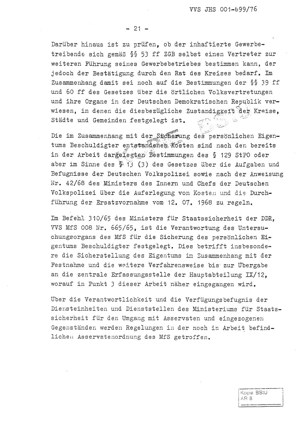 Fachschulabschlußarbeit Leutnant Volkmar Taubert (HA Ⅸ/9), Leutnant Axel Naumann (HA Ⅸ/9), Unterleutnat Detlef Debski (HA Ⅸ/9), Ministerium für Staatssicherheit (MfS) [Deutsche Demokratische Republik (DDR)], Juristische Hochschule (JHS), Vertrauliche Verschlußsache (VVS) 001-699/76, Potsdam 1976, Seite 21 (FS-Abschl.-Arb. MfS DDR JHS VVS 001-699/76 1976, S. 21)