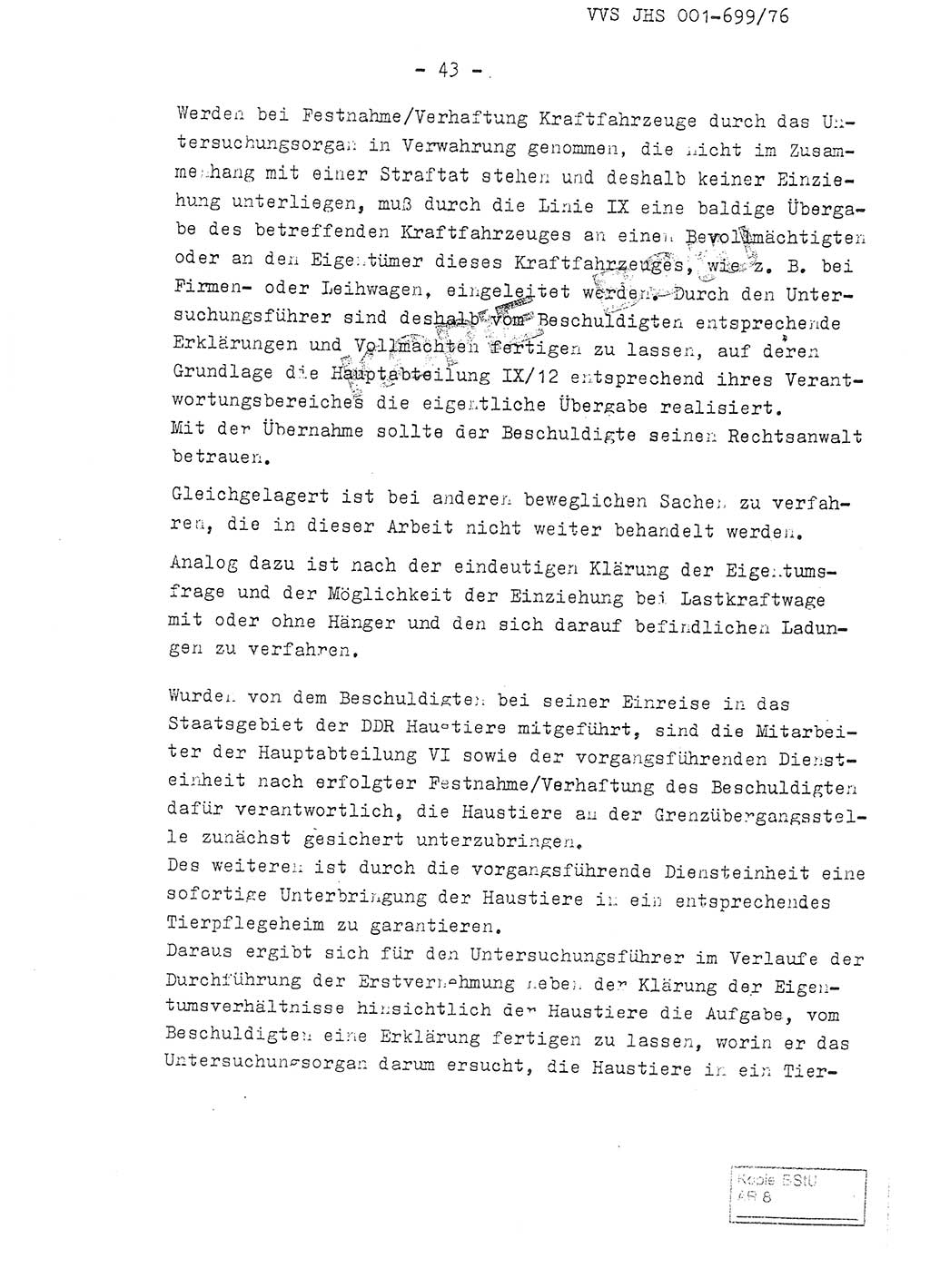 Fachschulabschlußarbeit Leutnant Volkmar Taubert (HA Ⅸ/9), Leutnant Axel Naumann (HA Ⅸ/9), Unterleutnat Detlef Debski (HA Ⅸ/9), Ministerium für Staatssicherheit (MfS) [Deutsche Demokratische Republik (DDR)], Juristische Hochschule (JHS), Vertrauliche Verschlußsache (VVS) 001-699/76, Potsdam 1976, Seite 43 (FS-Abschl.-Arb. MfS DDR JHS VVS 001-699/76 1976, S. 43)