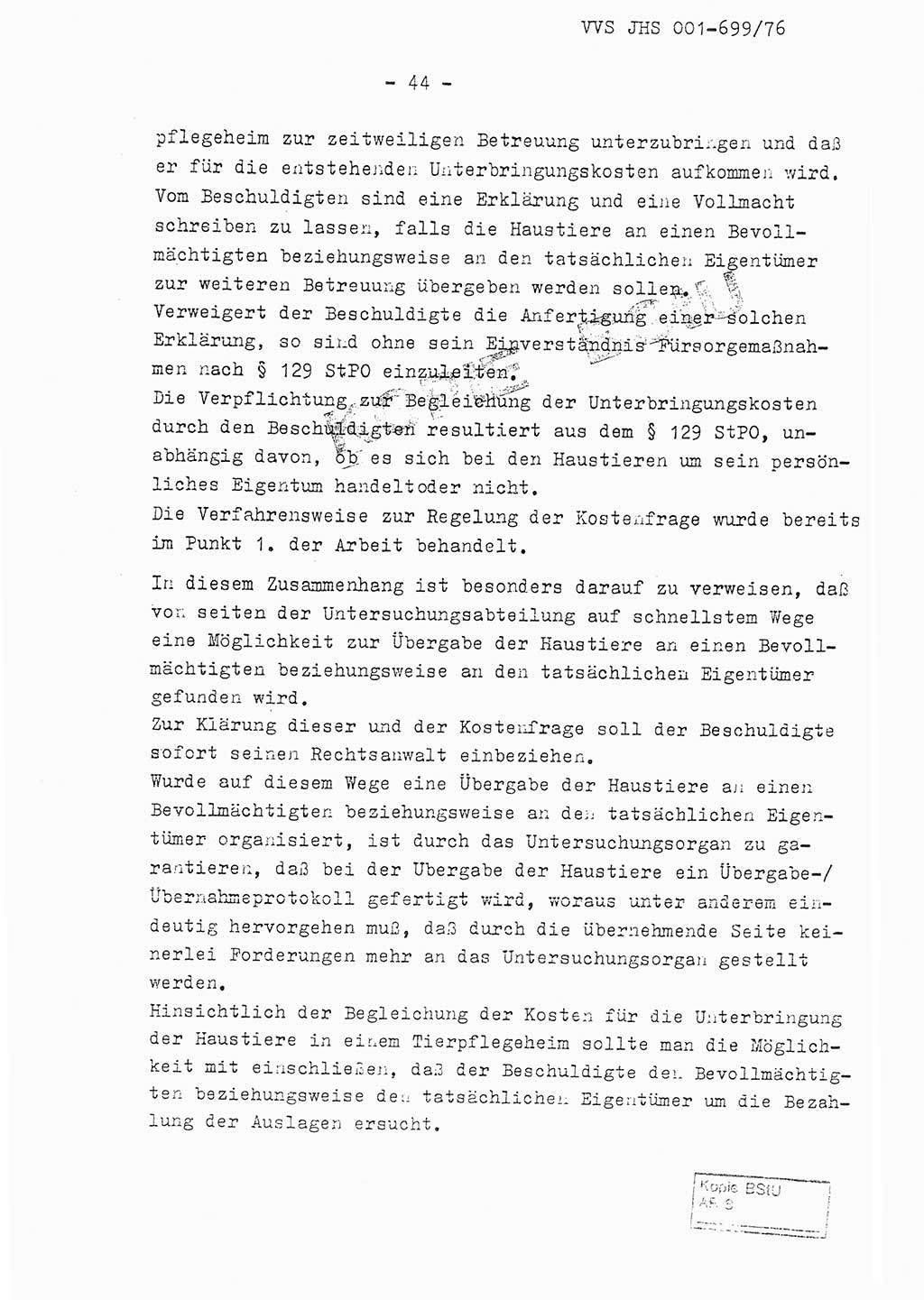 Fachschulabschlußarbeit Leutnant Volkmar Taubert (HA Ⅸ/9), Leutnant Axel Naumann (HA Ⅸ/9), Unterleutnat Detlef Debski (HA Ⅸ/9), Ministerium für Staatssicherheit (MfS) [Deutsche Demokratische Republik (DDR)], Juristische Hochschule (JHS), Vertrauliche Verschlußsache (VVS) 001-699/76, Potsdam 1976, Seite 44 (FS-Abschl.-Arb. MfS DDR JHS VVS 001-699/76 1976, S. 44)