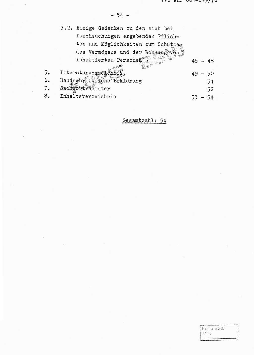 Fachschulabschlußarbeit Leutnant Volkmar Taubert (HA Ⅸ/9), Leutnant Axel Naumann (HA Ⅸ/9), Unterleutnat Detlef Debski (HA Ⅸ/9), Ministerium für Staatssicherheit (MfS) [Deutsche Demokratische Republik (DDR)], Juristische Hochschule (JHS), Vertrauliche Verschlußsache (VVS) 001-699/76, Potsdam 1976, Seite 54 (FS-Abschl.-Arb. MfS DDR JHS VVS 001-699/76 1976, S. 54)