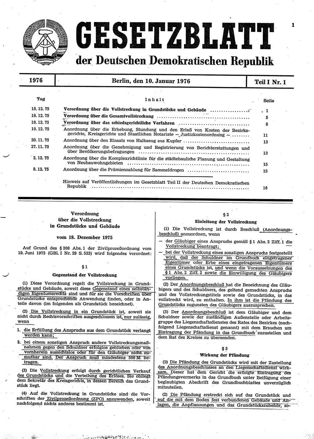 Gesetzblatt (GBl.) der Deutschen Demokratischen Republik (DDR) Teil Ⅰ 1976, Seite 1 (GBl. DDR Ⅰ 1976, S. 1)