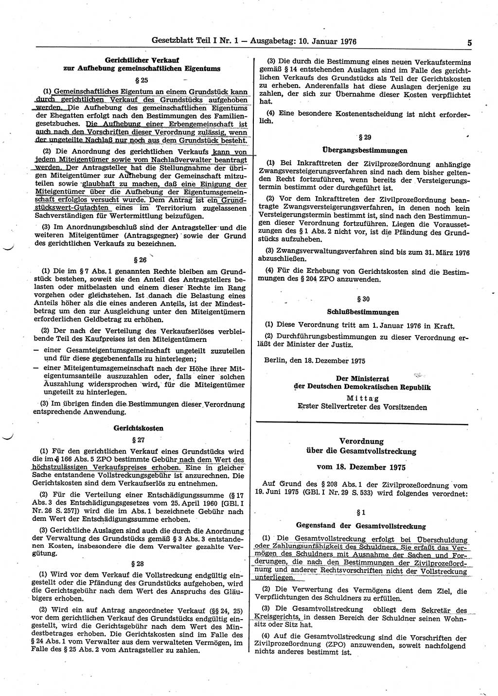 Gesetzblatt (GBl.) der Deutschen Demokratischen Republik (DDR) Teil Ⅰ 1976, Seite 5 (GBl. DDR Ⅰ 1976, S. 5)