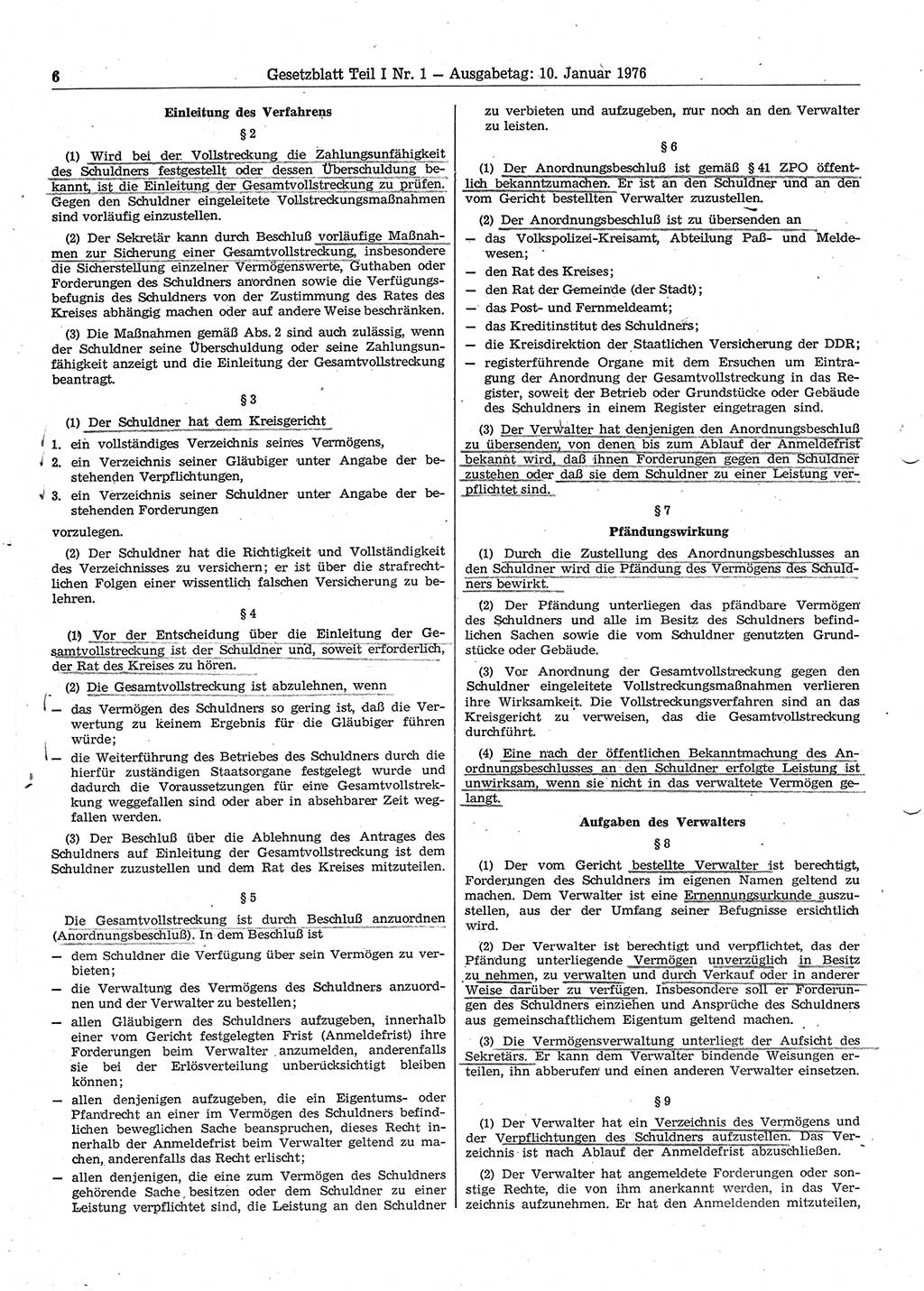 Gesetzblatt (GBl.) der Deutschen Demokratischen Republik (DDR) Teil Ⅰ 1976, Seite 6 (GBl. DDR Ⅰ 1976, S. 6)