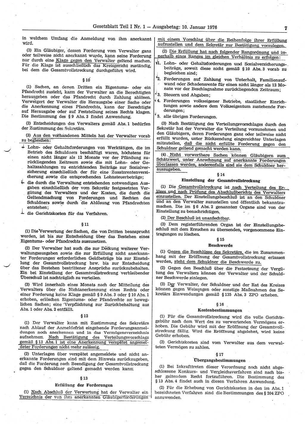 Gesetzblatt (GBl.) der Deutschen Demokratischen Republik (DDR) Teil Ⅰ 1976, Seite 7 (GBl. DDR Ⅰ 1976, S. 7)
