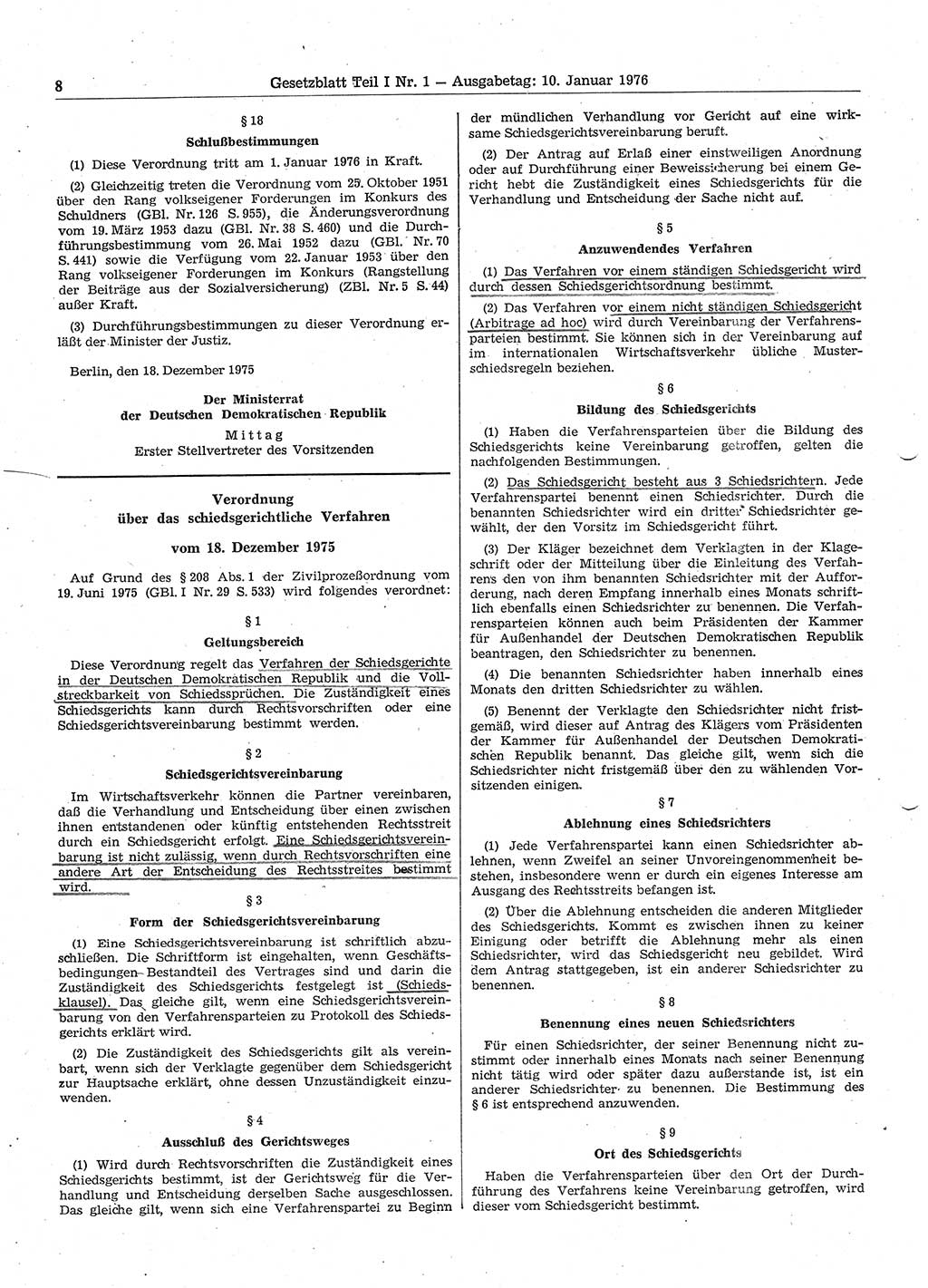 Gesetzblatt (GBl.) der Deutschen Demokratischen Republik (DDR) Teil Ⅰ 1976, Seite 8 (GBl. DDR Ⅰ 1976, S. 8)