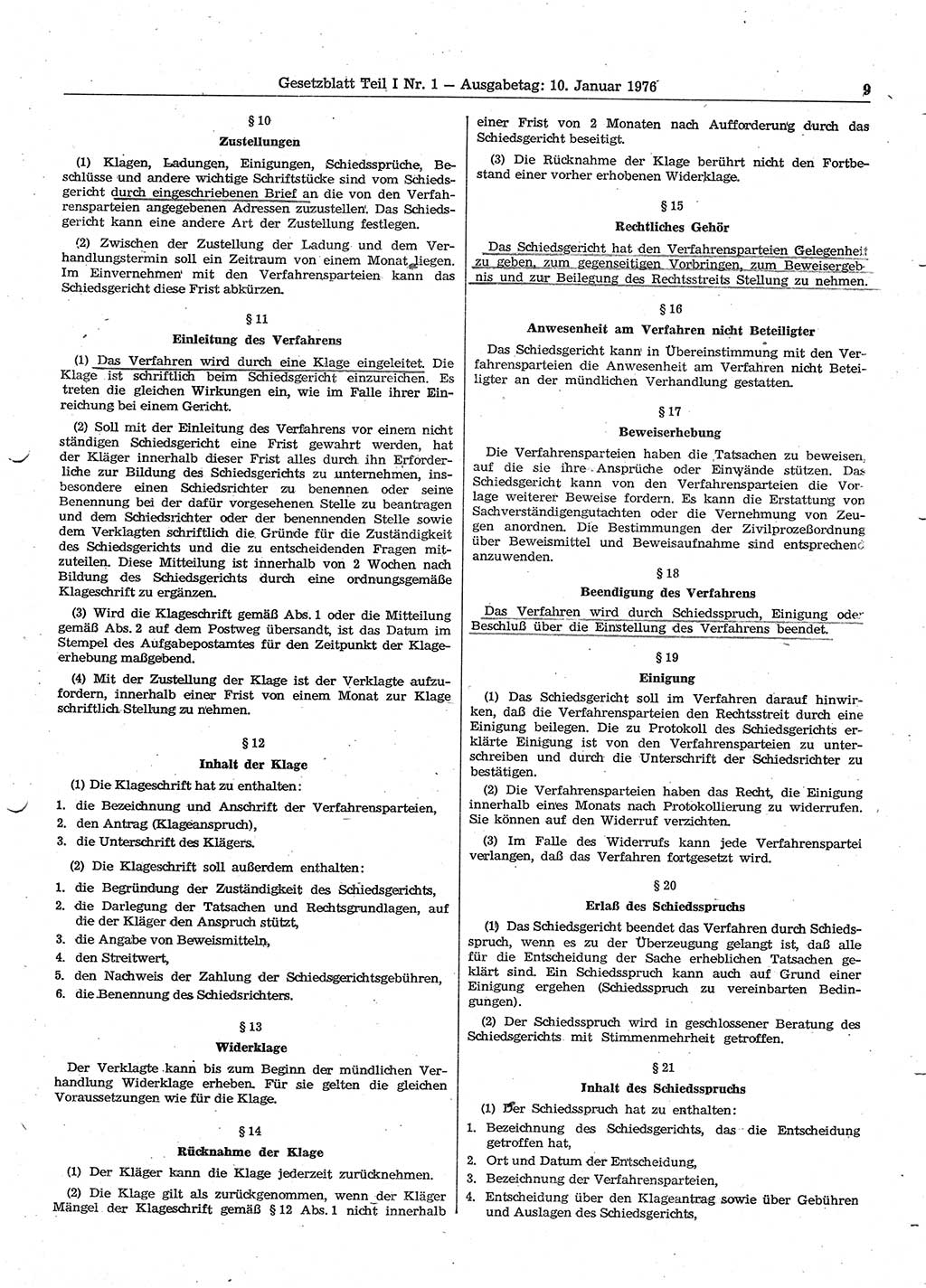 Gesetzblatt (GBl.) der Deutschen Demokratischen Republik (DDR) Teil Ⅰ 1976, Seite 9 (GBl. DDR Ⅰ 1976, S. 9)