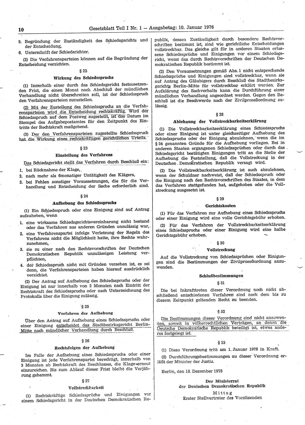 Gesetzblatt (GBl.) der Deutschen Demokratischen Republik (DDR) Teil Ⅰ 1976, Seite 10 (GBl. DDR Ⅰ 1976, S. 10)