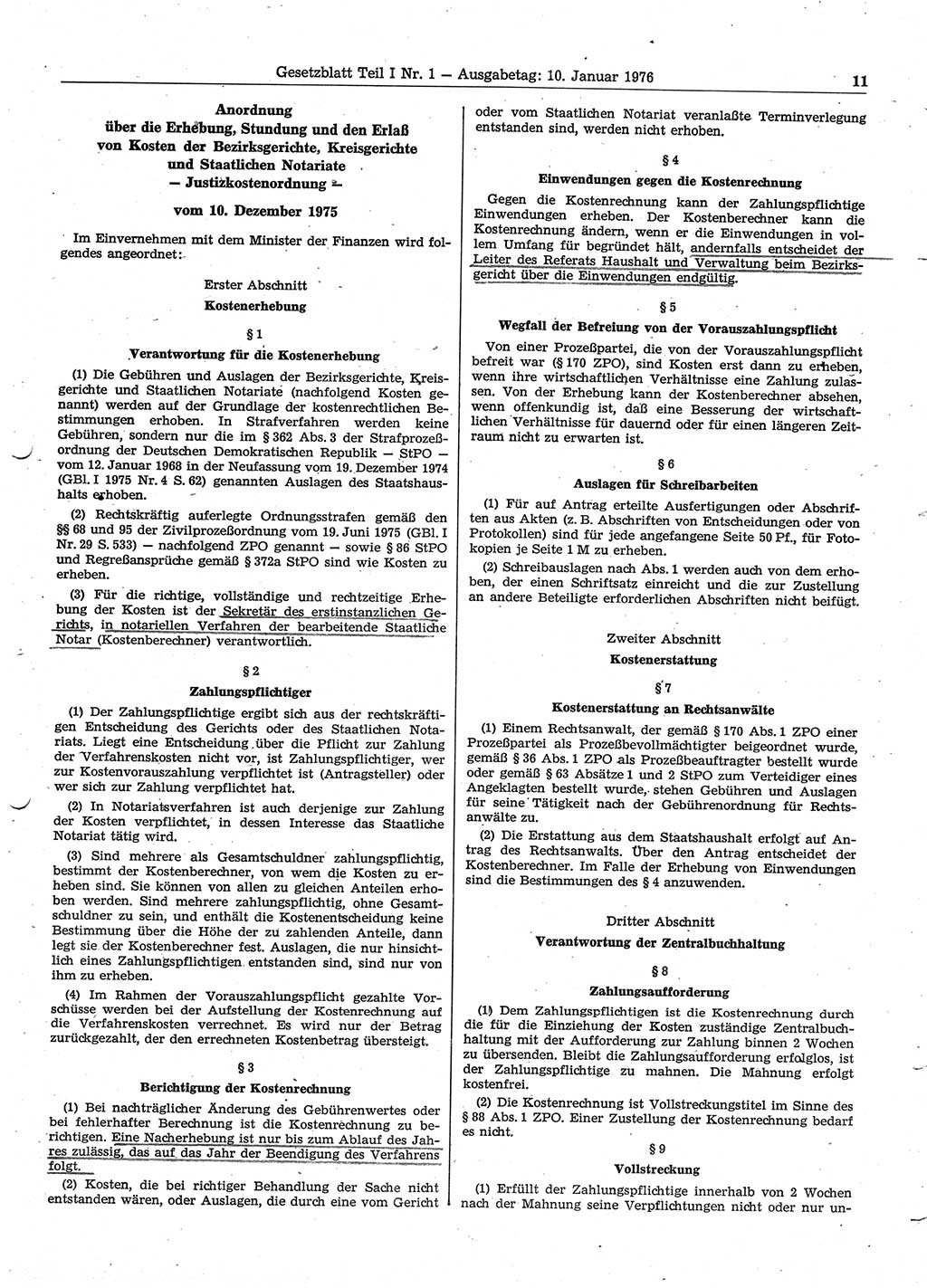 Gesetzblatt (GBl.) der Deutschen Demokratischen Republik (DDR) Teil Ⅰ 1976, Seite 11 (GBl. DDR Ⅰ 1976, S. 11)