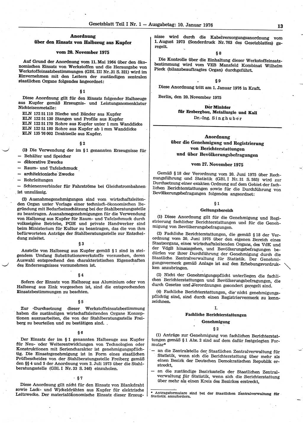 Gesetzblatt (GBl.) der Deutschen Demokratischen Republik (DDR) Teil Ⅰ 1976, Seite 13 (GBl. DDR Ⅰ 1976, S. 13)
