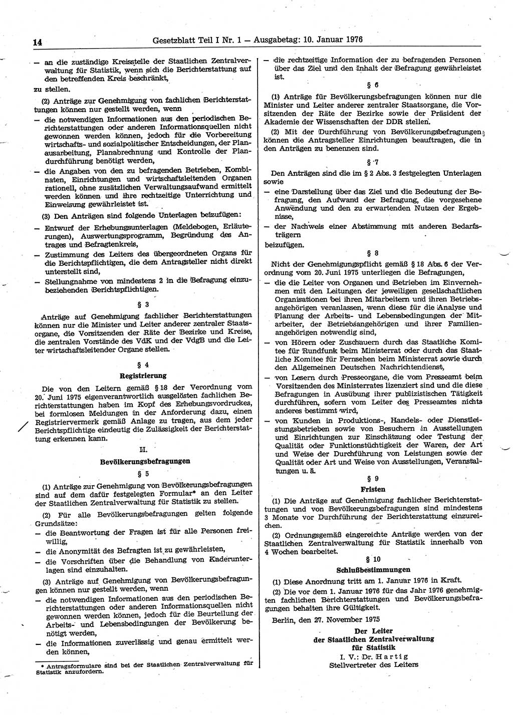 Gesetzblatt (GBl.) der Deutschen Demokratischen Republik (DDR) Teil Ⅰ 1976, Seite 14 (GBl. DDR Ⅰ 1976, S. 14)