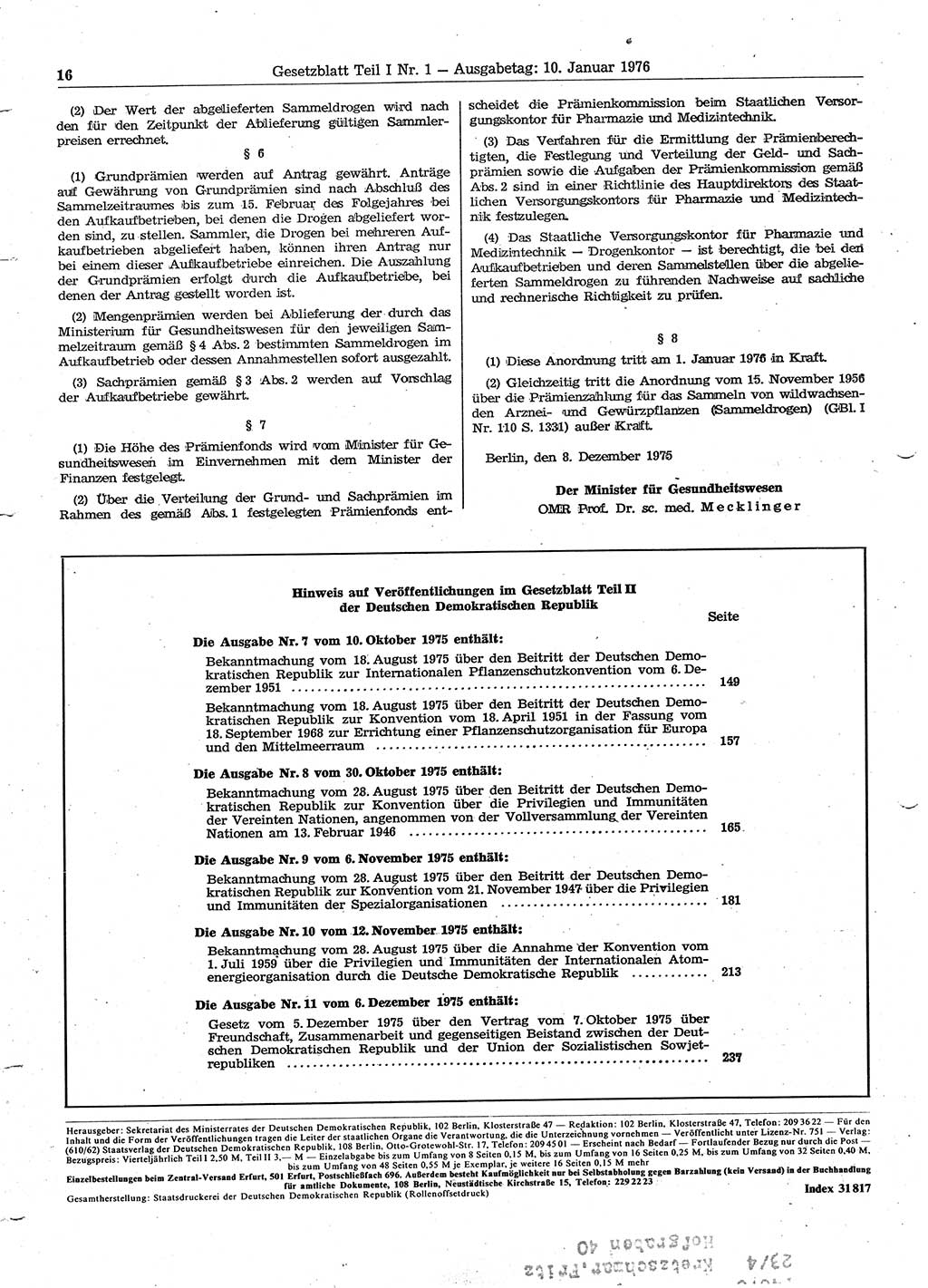 Gesetzblatt (GBl.) der Deutschen Demokratischen Republik (DDR) Teil Ⅰ 1976, Seite 16 (GBl. DDR Ⅰ 1976, S. 16)