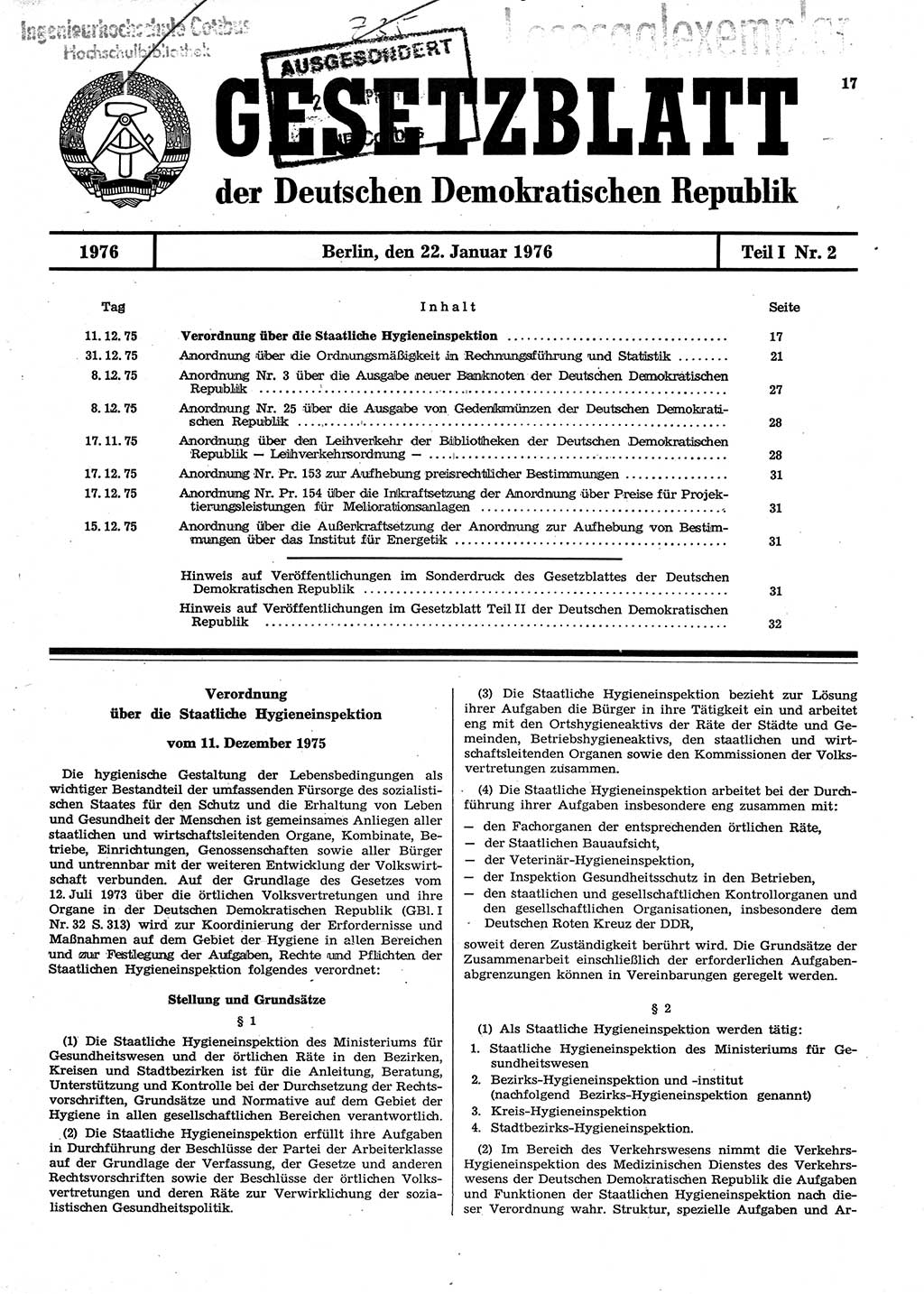 Gesetzblatt (GBl.) der Deutschen Demokratischen Republik (DDR) Teil Ⅰ 1976, Seite 17 (GBl. DDR Ⅰ 1976, S. 17)