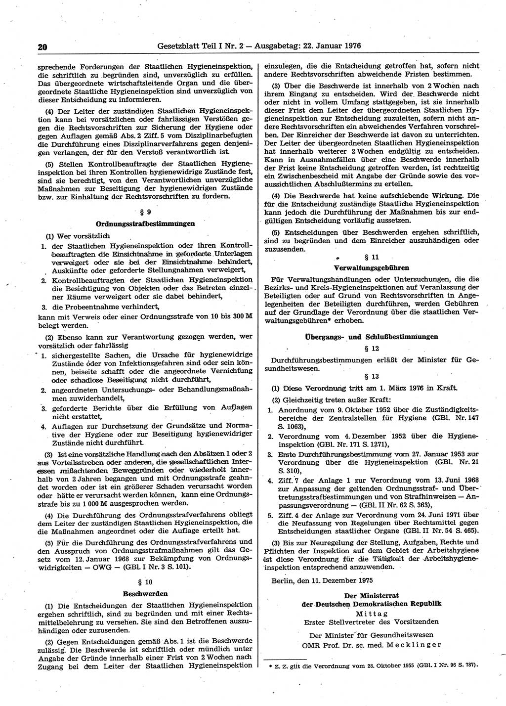Gesetzblatt (GBl.) der Deutschen Demokratischen Republik (DDR) Teil Ⅰ 1976, Seite 20 (GBl. DDR Ⅰ 1976, S. 20)