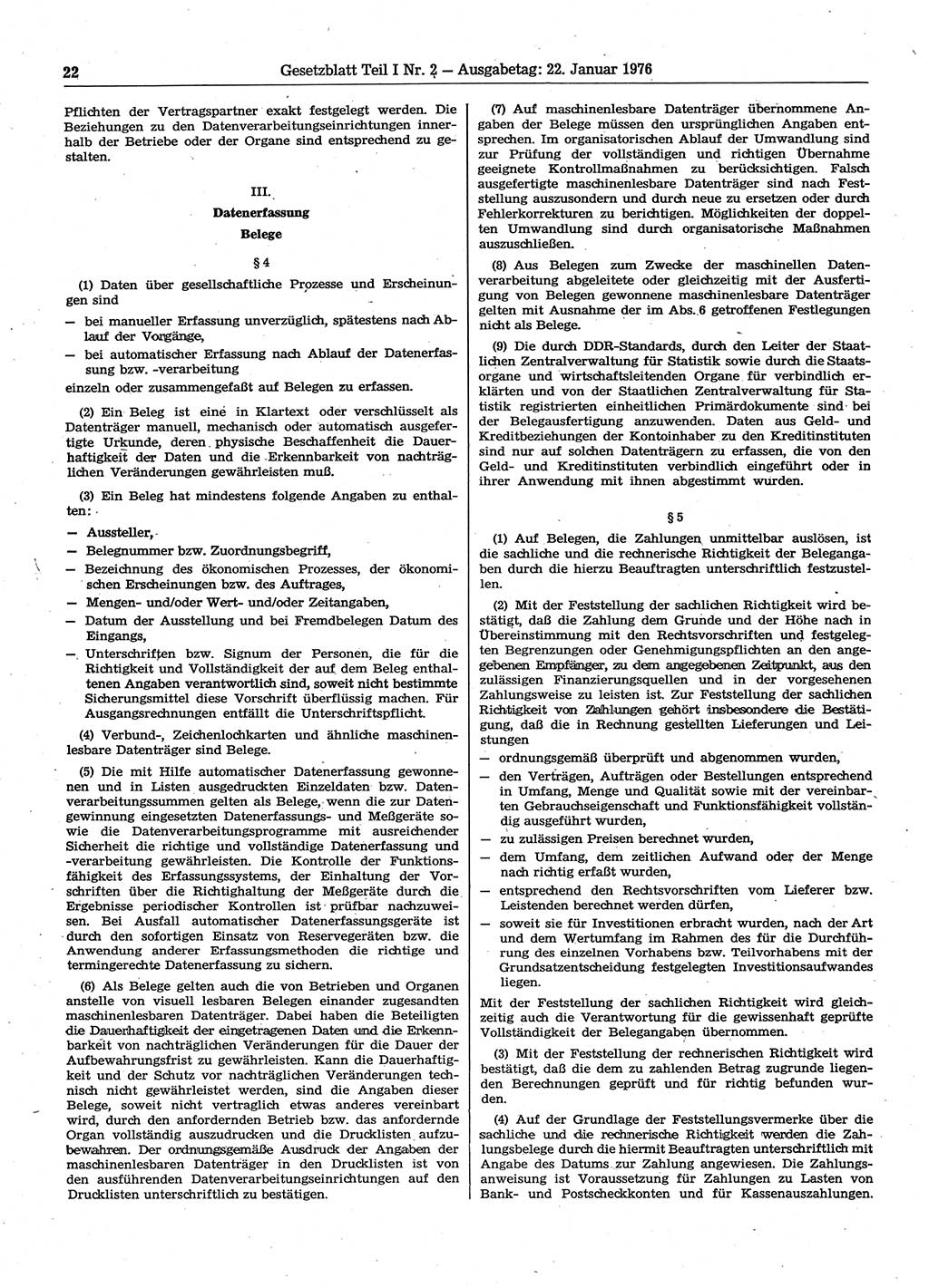 Gesetzblatt (GBl.) der Deutschen Demokratischen Republik (DDR) Teil Ⅰ 1976, Seite 22 (GBl. DDR Ⅰ 1976, S. 22)