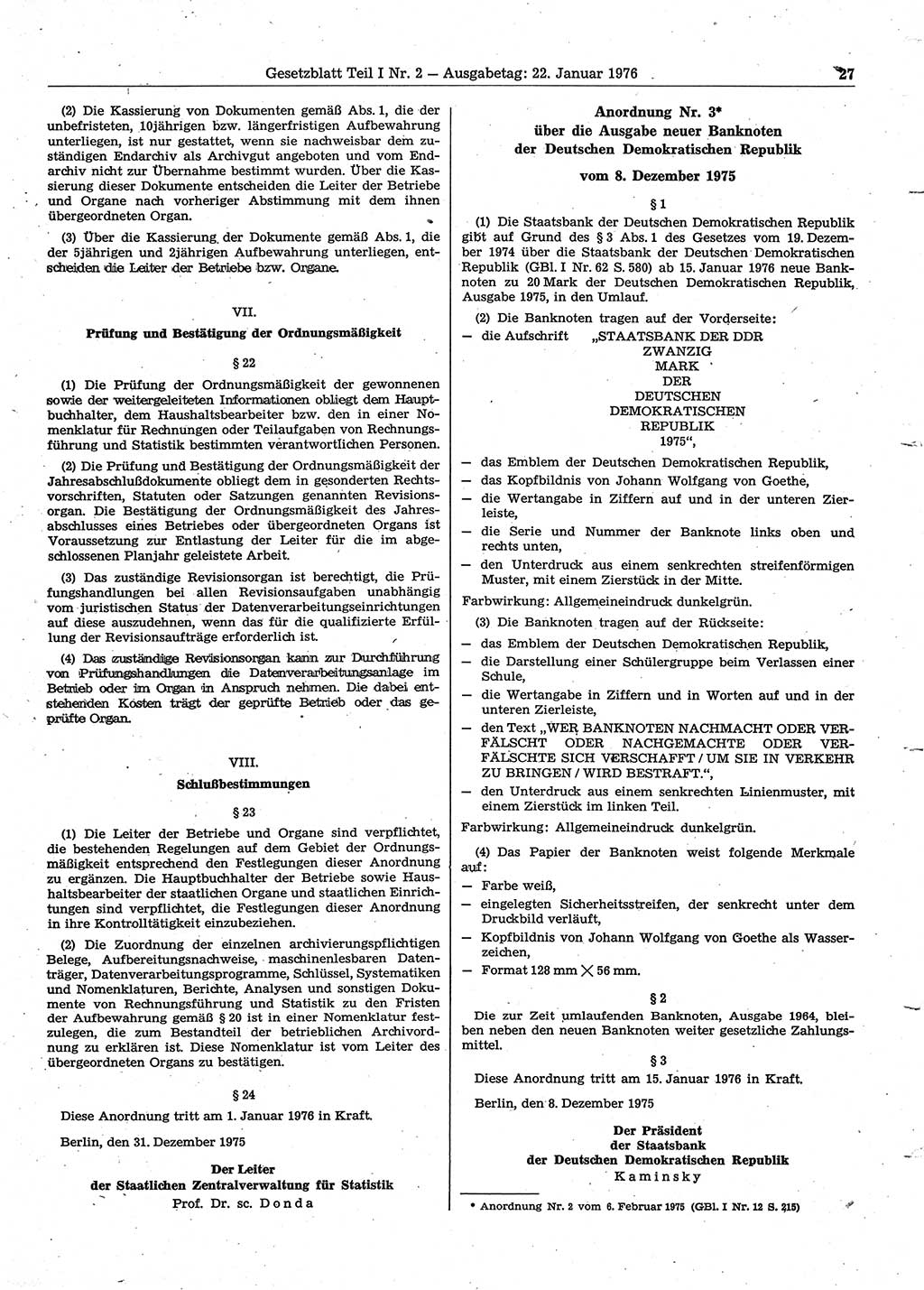 Gesetzblatt (GBl.) der Deutschen Demokratischen Republik (DDR) Teil Ⅰ 1976, Seite 27 (GBl. DDR Ⅰ 1976, S. 27)
