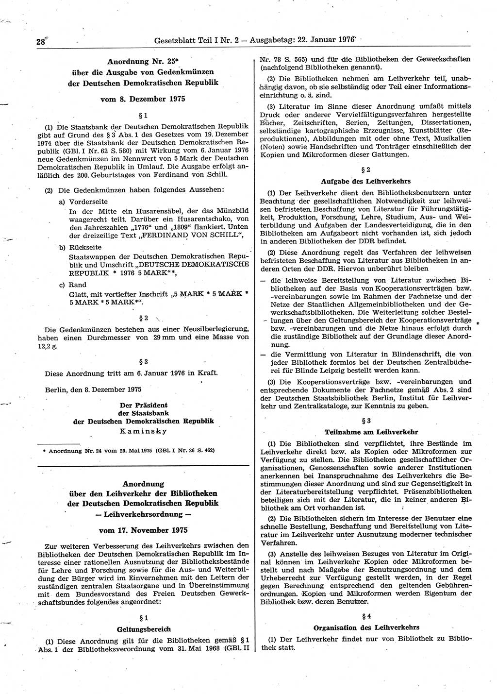 Gesetzblatt (GBl.) der Deutschen Demokratischen Republik (DDR) Teil Ⅰ 1976, Seite 28 (GBl. DDR Ⅰ 1976, S. 28)