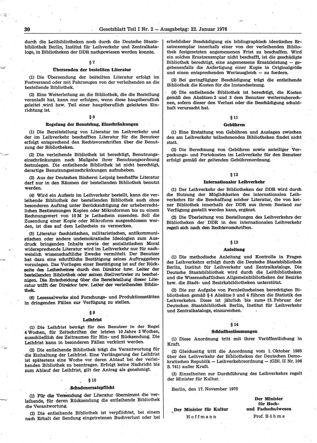 Gesetzblatt (GBl.) der Deutschen Demokratischen Republik (DDR) Teil Ⅰ 1976, Seite 30 (GBl. DDR Ⅰ 1976, S. 30)