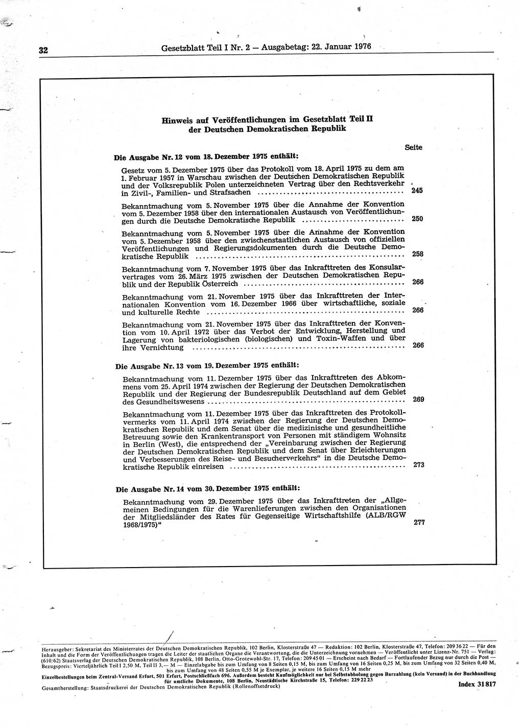 Gesetzblatt (GBl.) der Deutschen Demokratischen Republik (DDR) Teil Ⅰ 1976, Seite 32 (GBl. DDR Ⅰ 1976, S. 32)