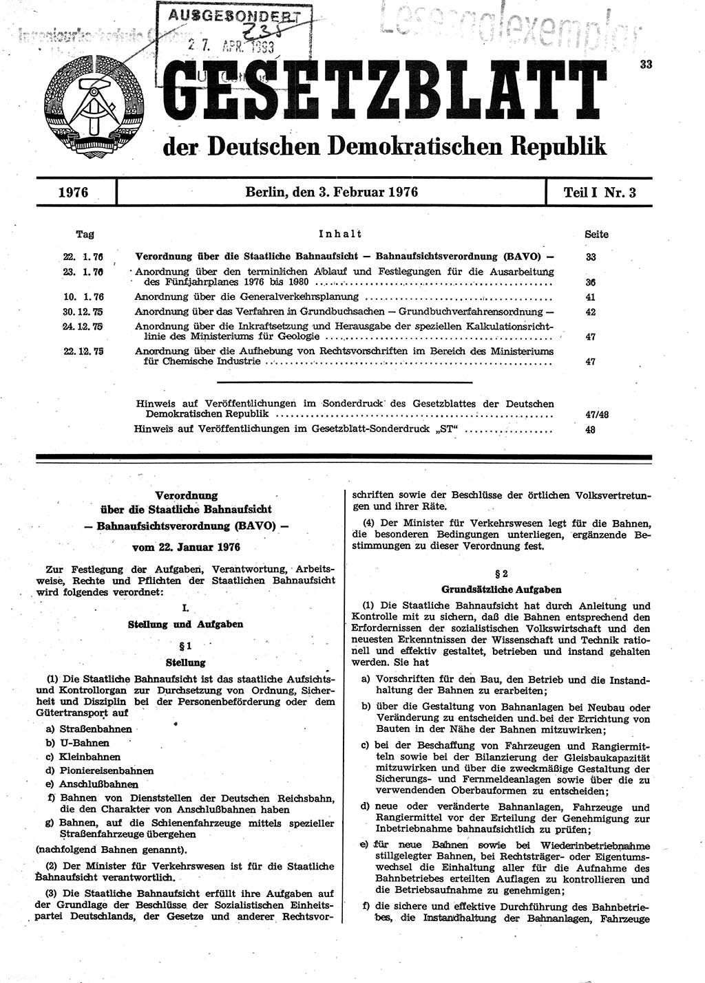 Gesetzblatt (GBl.) der Deutschen Demokratischen Republik (DDR) Teil Ⅰ 1976, Seite 33 (GBl. DDR Ⅰ 1976, S. 33)