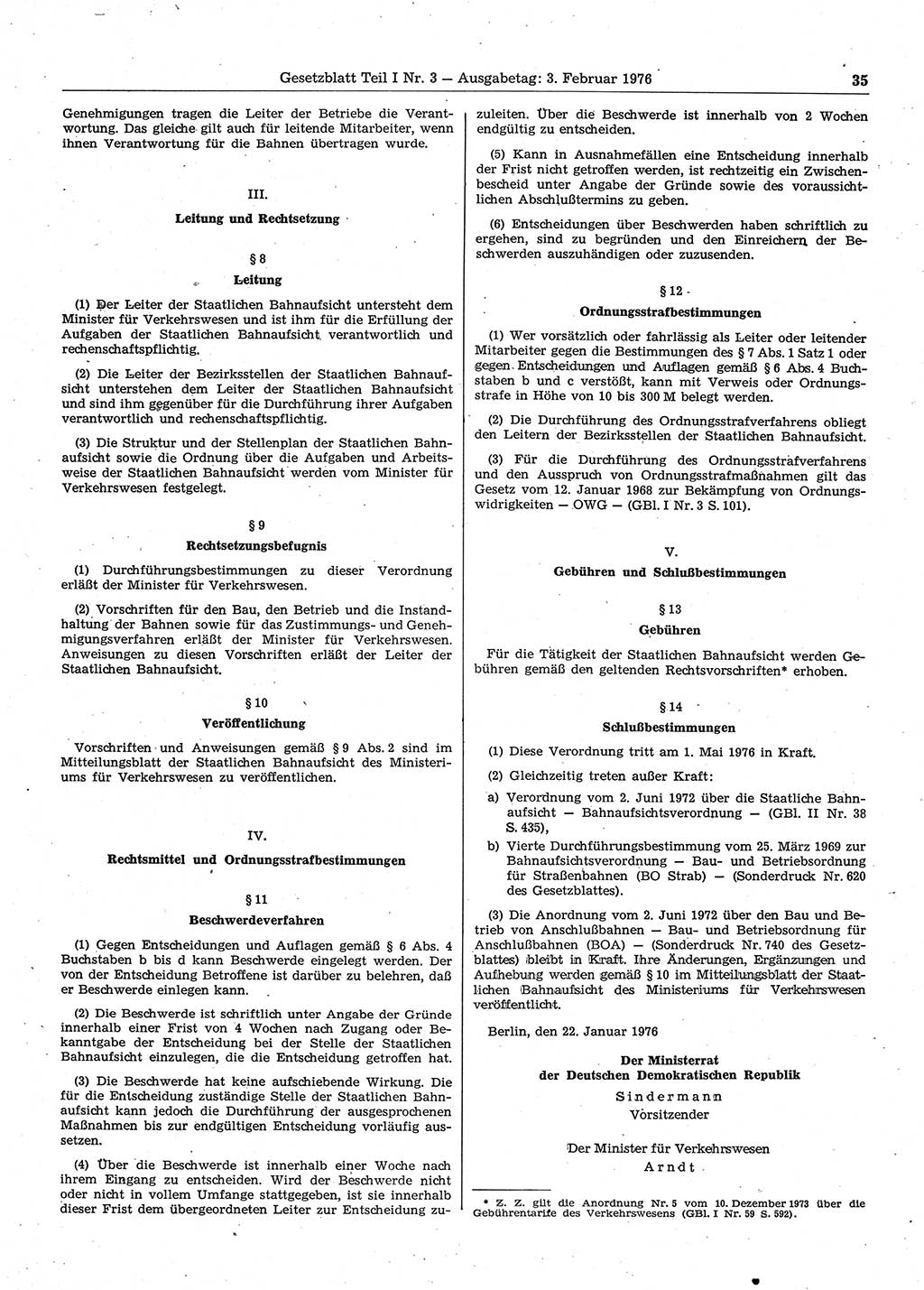Gesetzblatt (GBl.) der Deutschen Demokratischen Republik (DDR) Teil Ⅰ 1976, Seite 35 (GBl. DDR Ⅰ 1976, S. 35)