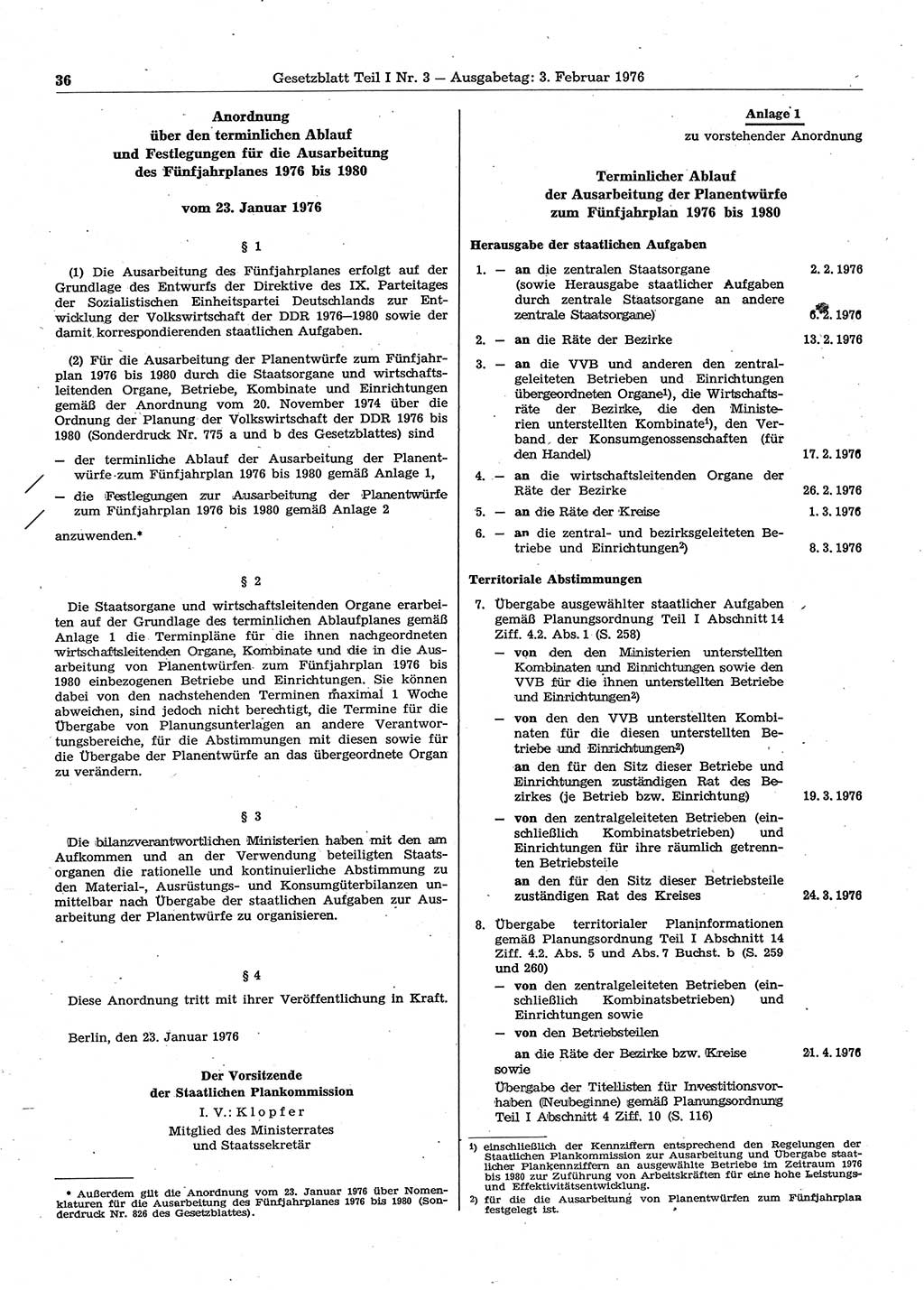 Gesetzblatt (GBl.) der Deutschen Demokratischen Republik (DDR) Teil Ⅰ 1976, Seite 36 (GBl. DDR Ⅰ 1976, S. 36)