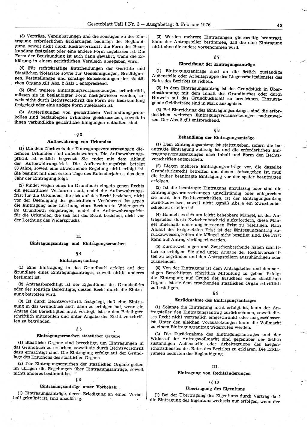 Gesetzblatt (GBl.) der Deutschen Demokratischen Republik (DDR) Teil Ⅰ 1976, Seite 43 (GBl. DDR Ⅰ 1976, S. 43)