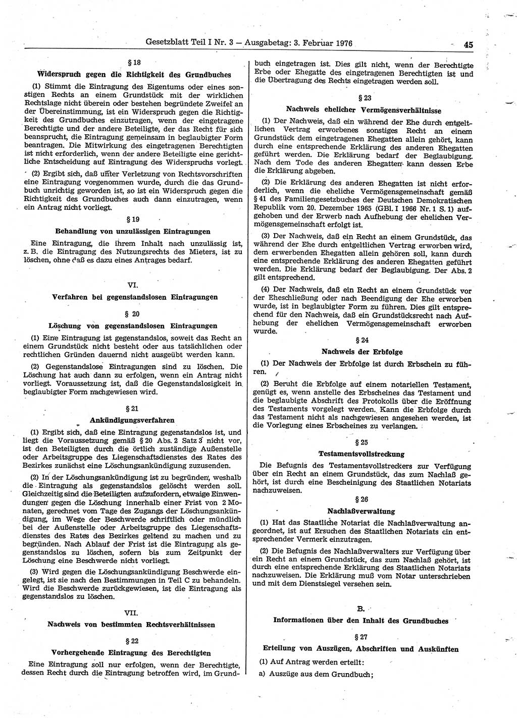 Gesetzblatt (GBl.) der Deutschen Demokratischen Republik (DDR) Teil Ⅰ 1976, Seite 45 (GBl. DDR Ⅰ 1976, S. 45)